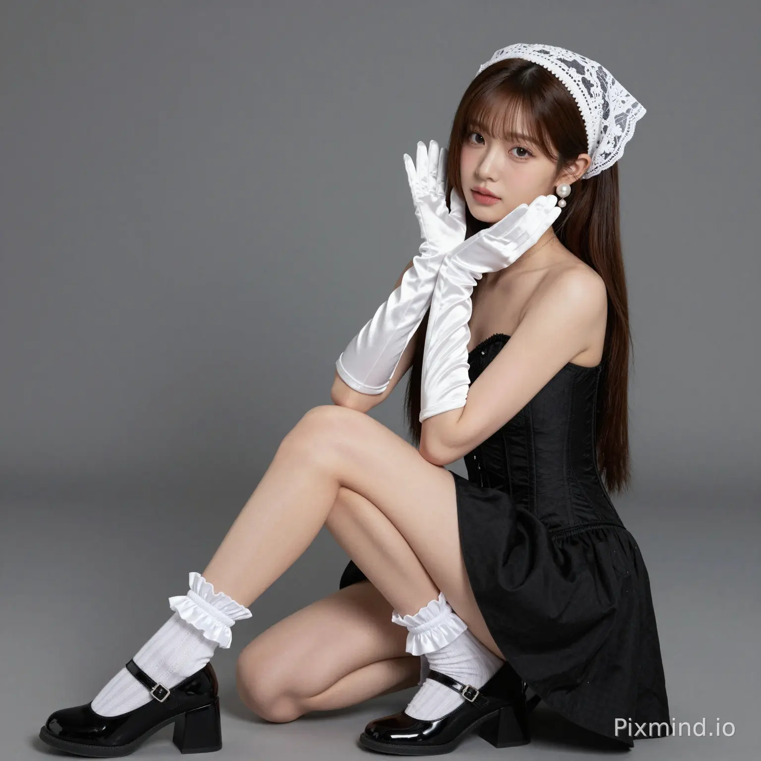 ai kpop girl with rich brunette straight long hair with white pearl earrings wearing a cute black corset and a cute mini skirt with Mary jane black shoes with white ruffle socks with a cute white lace triangle headband with white glossy gloves doing a cute sitting pose