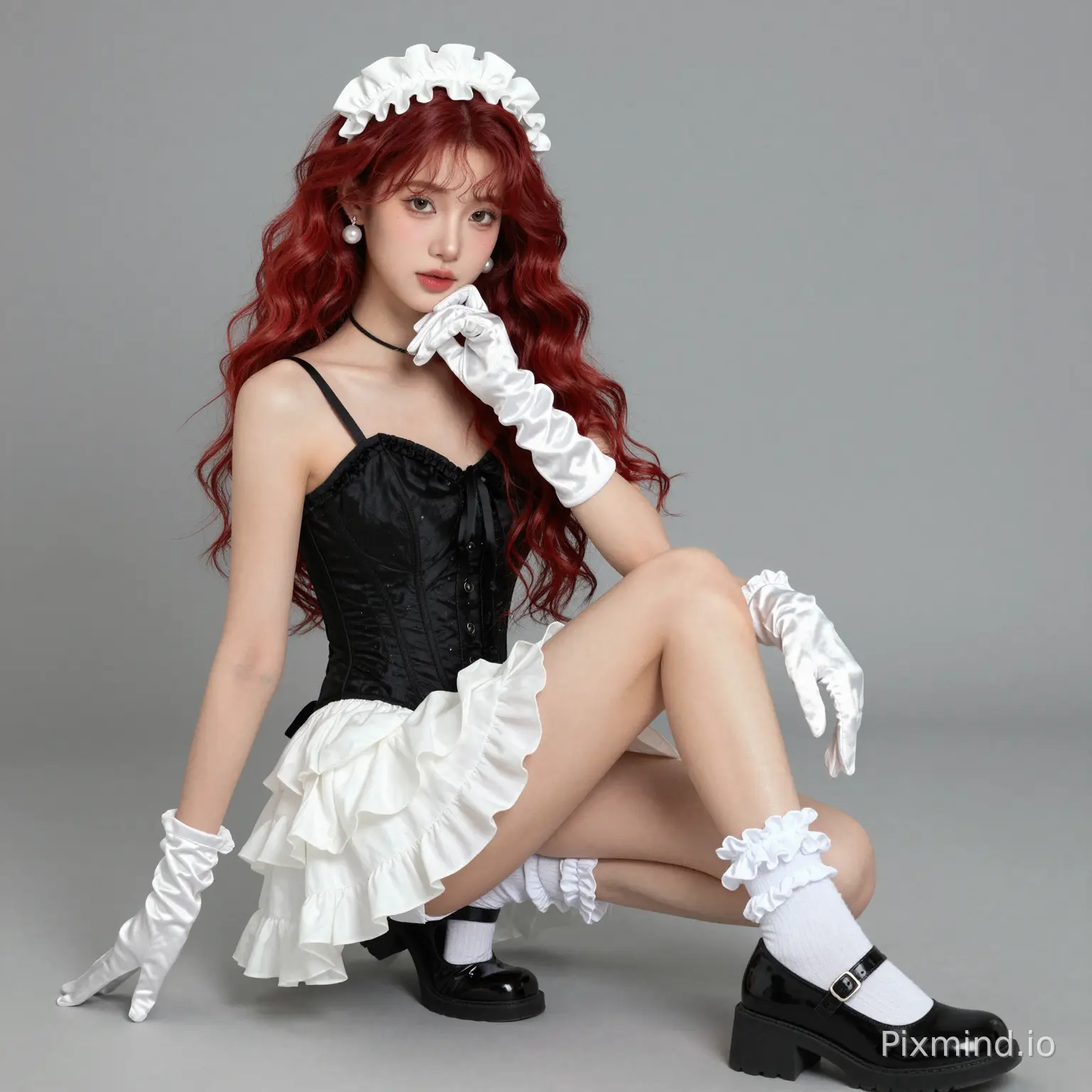 ai kpop girl with red curls long hair with white pearl earrings wearing a cute black corset and white a cute white ruffle mini skirt with Mary jane back shoes with cute white ruffle socks with a white cute ruched ruffle headband with white glossy gloves doing a cute sitting pose