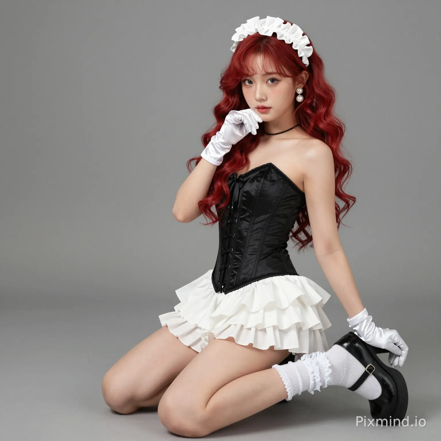 ai kpop girl with red curls long hair with white pearl earrings wearing a cute black corset and white a cute white ruffle mini skirt with Mary jane back shoes with cute white ruffle socks with a white cute ruched ruffle headband with white glossy gloves doing a cute sitting pose