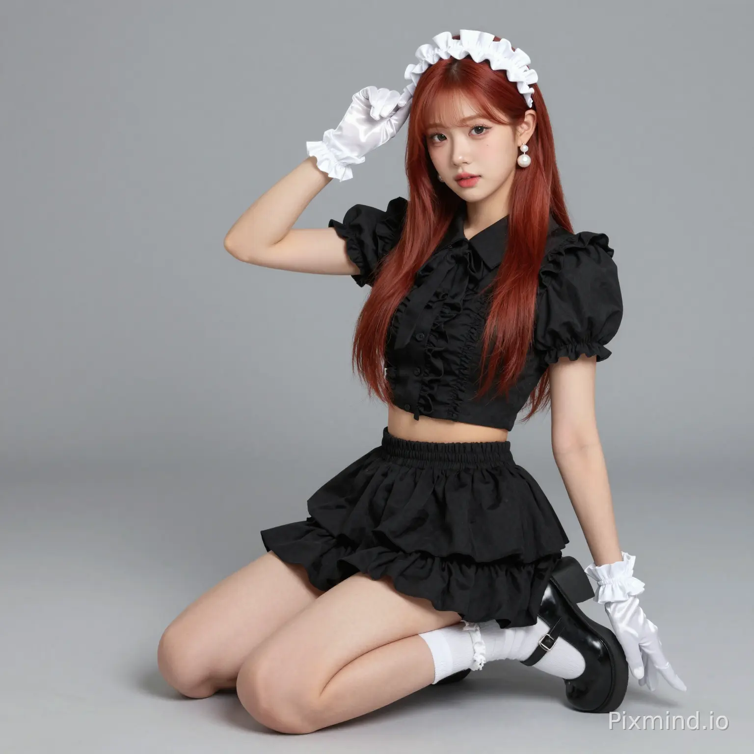 ai kpop girl with ginger straight long hair wearing with white pearl earrings wearing a cute
black Ruffled Short Sleeve Crop Top Korean Style Doll Blouse with a cute black ruffle mini skirt with Mary jane back shoes with cute white ruffle socks with a white cute ruched ruffle headband with white glossy gloves doing a cute sitting pose
