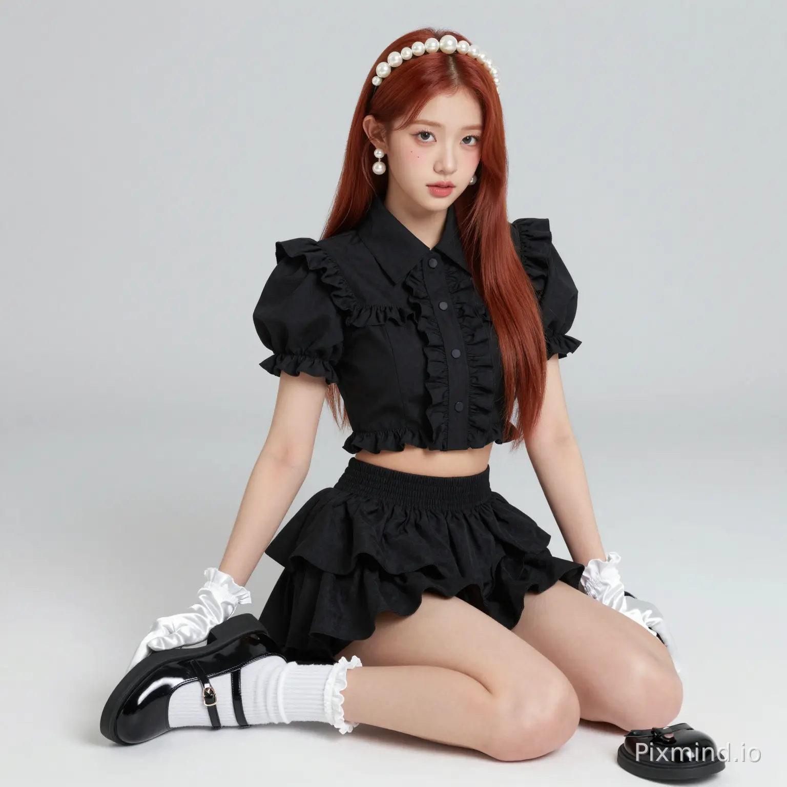 ai kpop girl with ginger straight long hair wearing with white pearl earrings wearing a cute
black Ruffled Short Sleeve Crop Top Korean Style Doll Blouse with a cute black ruffle mini skirt with Mary jane back shoes with cute white ruffle socks with white cute pearl headband with white glossy gloves doing a cute sitting pose