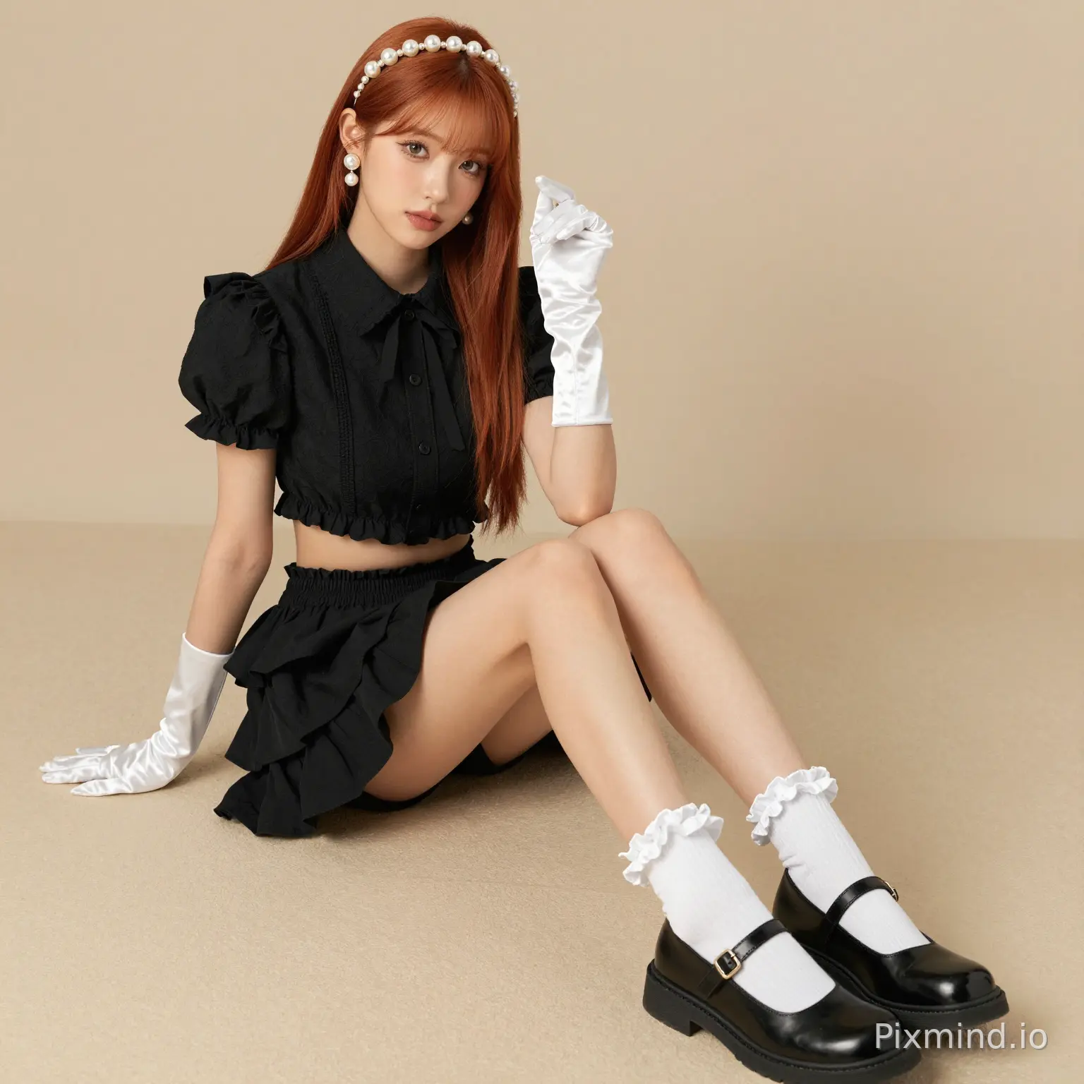 ai kpop girl with ginger straight long hair wearing with white pearl earrings wearing a cute
black Ruffled Short Sleeve Crop Top Korean Style Doll Blouse with a cute black ruffle mini skirt with Mary jane back shoes with cute white ruffle socks with white cute pearl headband with white glossy gloves doing a cute sitting pose