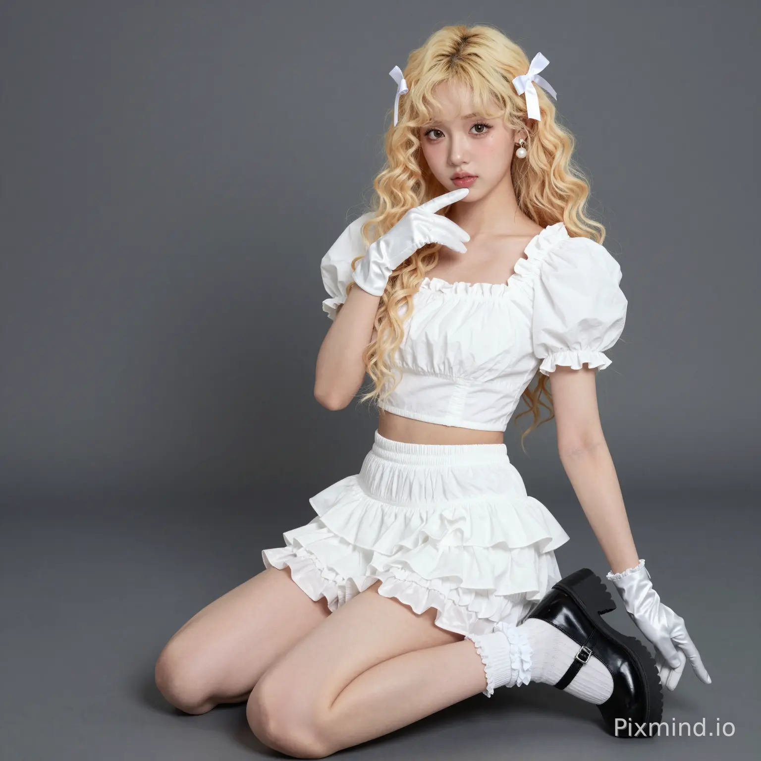 ai kpop girl with golden blonde curls long hair with white pearl earrings wearing Square Neck Puff Sleeve Ruffle Trim Blouses with a white cute ruffle mini skirt with Mary jane black shoes with white cute ruffle socks with white cute bows on each side of the hair with white glossy gloves doing a cute sitting pose