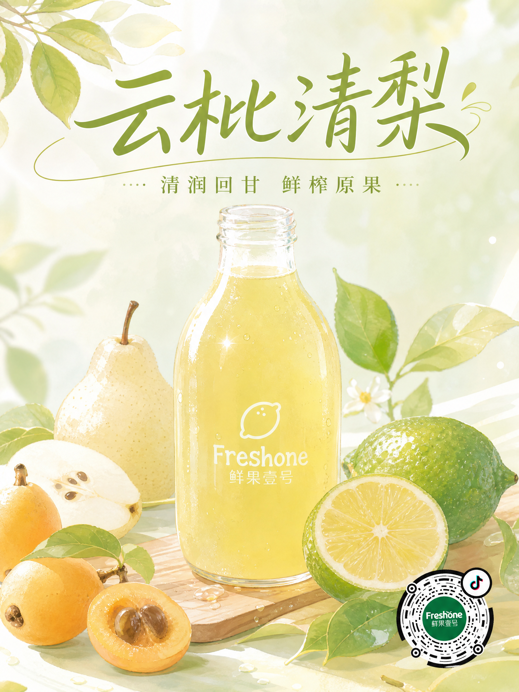 水果商家“鲜果壹号”的商业饮品海报,装枇杷梨柠檬鲜榨果汁,鲜果环绕,水润通透,浅黄绿色调,画面清新,顶部艺术字“云枇清梨”,底部小字“清润回甘 鲜榨原果”,网红轻奢风,8K高清,柔和光线,竖版,口感绵密顺滑,结合枇杷与雪梨的清甜,搭配香水柠檬的清爽解腻,轻奢温柔又治愈;右下角带上抖音码,不用太大,影响整体画面。注意香水柠檬的皮是绿的。日系清新手绘插画海报,卡通质感枇杷梨柠檬果汁,圆润玻璃杯,鲜果点缀,淡马卡龙色系,柔和线条,简约背景,治愈系画风,饮品宣传图,留白可加文字,高清