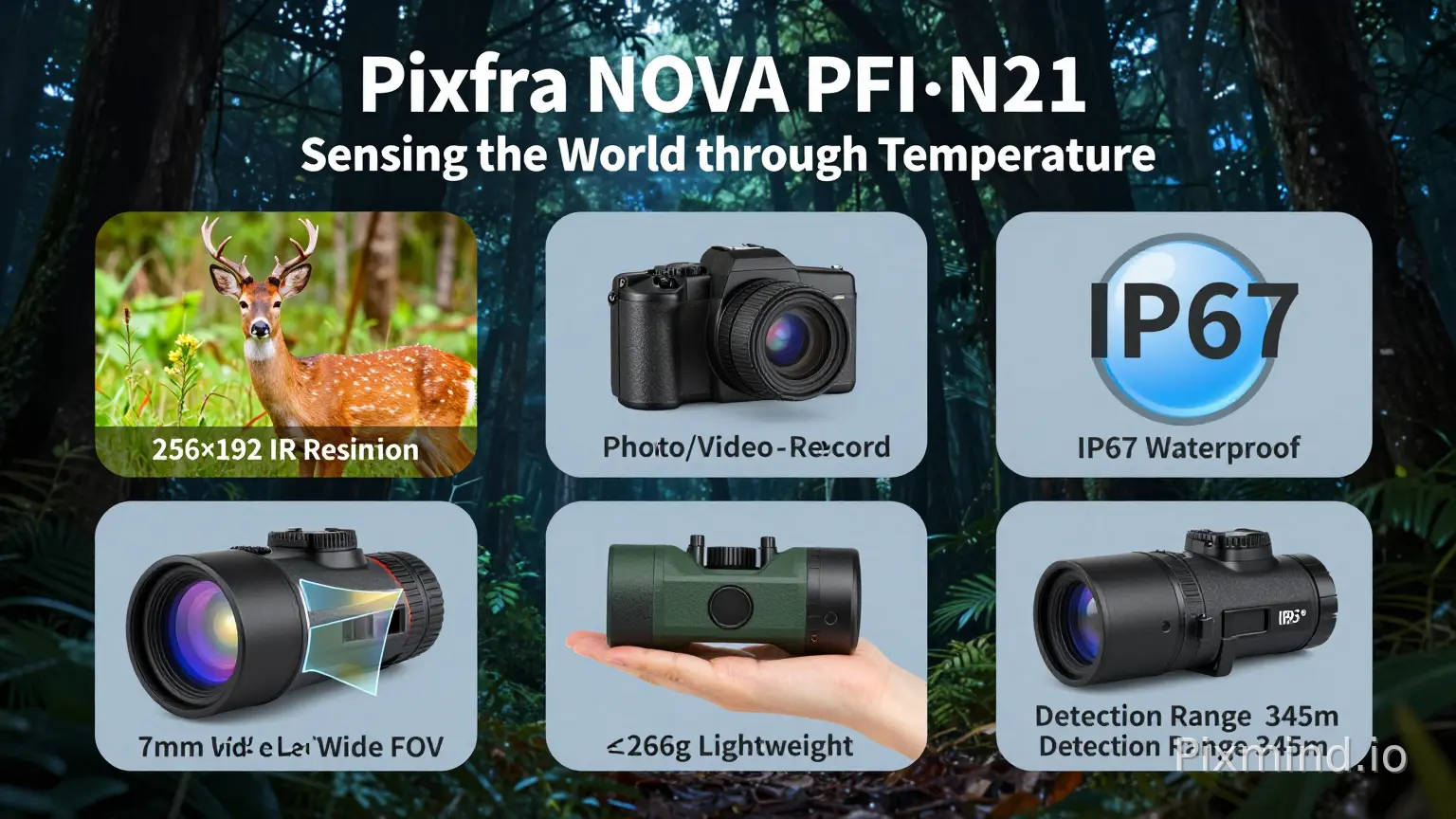 热成像户外望远镜的A+图,
主 KV 标题 "Pixfra NOVA PFI‑N21
Sensing the World through Temperature" 产品主图 + 夜间丛林背景(正常背景)
左上(画质) 256×192 IR Resolution 用彩色的对比图 鹿
中上(存储) "16GB
Photo/Video Record" 相机 + 录像图标
右上(防护) "IP67
Waterproof " IP67 防水图标
左下(镜头) 7mm Wide Lens 24.8° Wide FOV 7mm 广角视场示意图
中下(轻量化) "≤266g Lightweight
One‑Hand Carry" 单手握持 / 掌心大小示意
右下(探测距离) Detection Range 345m