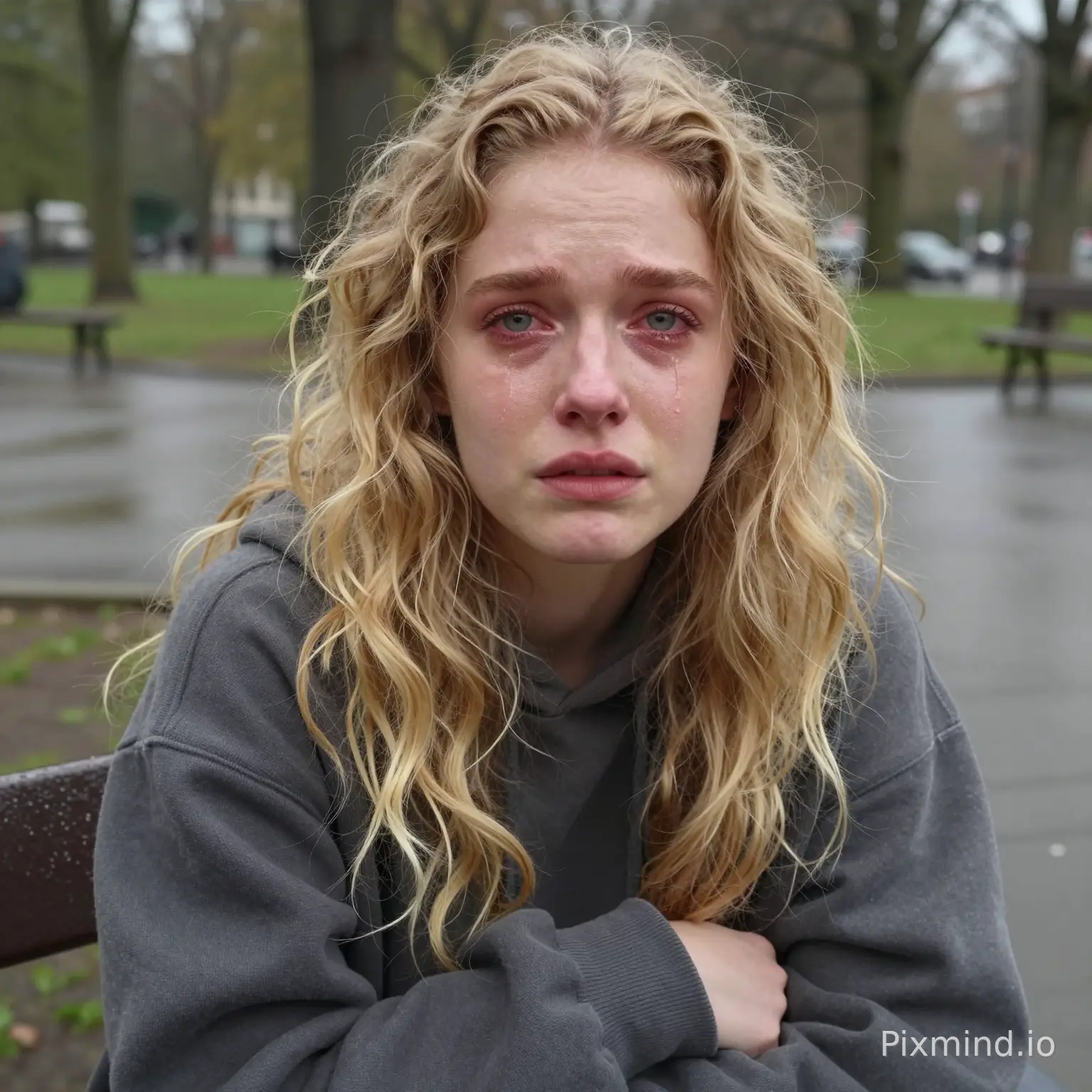 Ultra realistic selfie of a young woman sitting alone on a bench in a quiet city park right after crying. She has long messy curly blonde hair, pale glowing skin, light blue-green eyes with slightly red watery eyes and smudged mascara, soft natural lips, emotional tired expression, subtle tear tracks on her cheeks. She is wearing an oversized dark grey hoodie/sweater with the sleeves covering part of her hands. The photo is taken from a low angle below her face like she’s holding the phone near her lap, creating a vulnerable intimate perspective. Moody overcast weather, soft natural lighting, blurred park background with wet pathways and trees, realistic iPhone front camera look, shallow depth of field, cinematic atmosphere, authentic emotions, highly detailed skin texture, realistic proportions, natural imperfections, not posed, melancholic aesthetic.