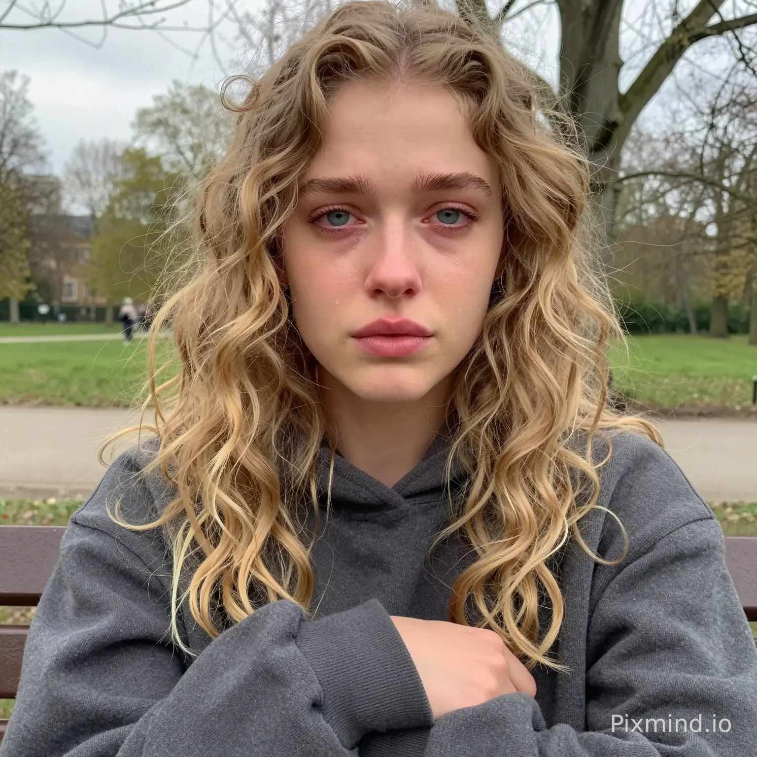Ultra realistic iPhone selfie of the exact same young woman from the reference photo — long naturally curly blonde hair with darker roots, striking light blue-green eyes, defined eyebrows, soft full lips, slim feminine face, Scandinavian features, pale slightly glowing skin. She is sitting alone on a bench in a quiet park after crying a little, with only subtle signs of emotion: slightly watery eyes, faint tear marks, lightly smudged mascara, soft sad expression instead of dramatic crying. She is wearing an oversized dark grey sweater/hoodie covering part of her hands. The selfie is taken from a low angle below her face like she’s holding the phone near her lap, making the perspective intimate and realistic. Natural cloudy daylight, soft shadows, blurred trees and park paths in the background, realistic iPhone front camera quality, authentic skin texture, candid emotional vibe, slightly messy hair from the weather, cinematic but natural, highly realistic, looks exactly like the girl in the reference image, not anime, not cartoon, not AI-looking.