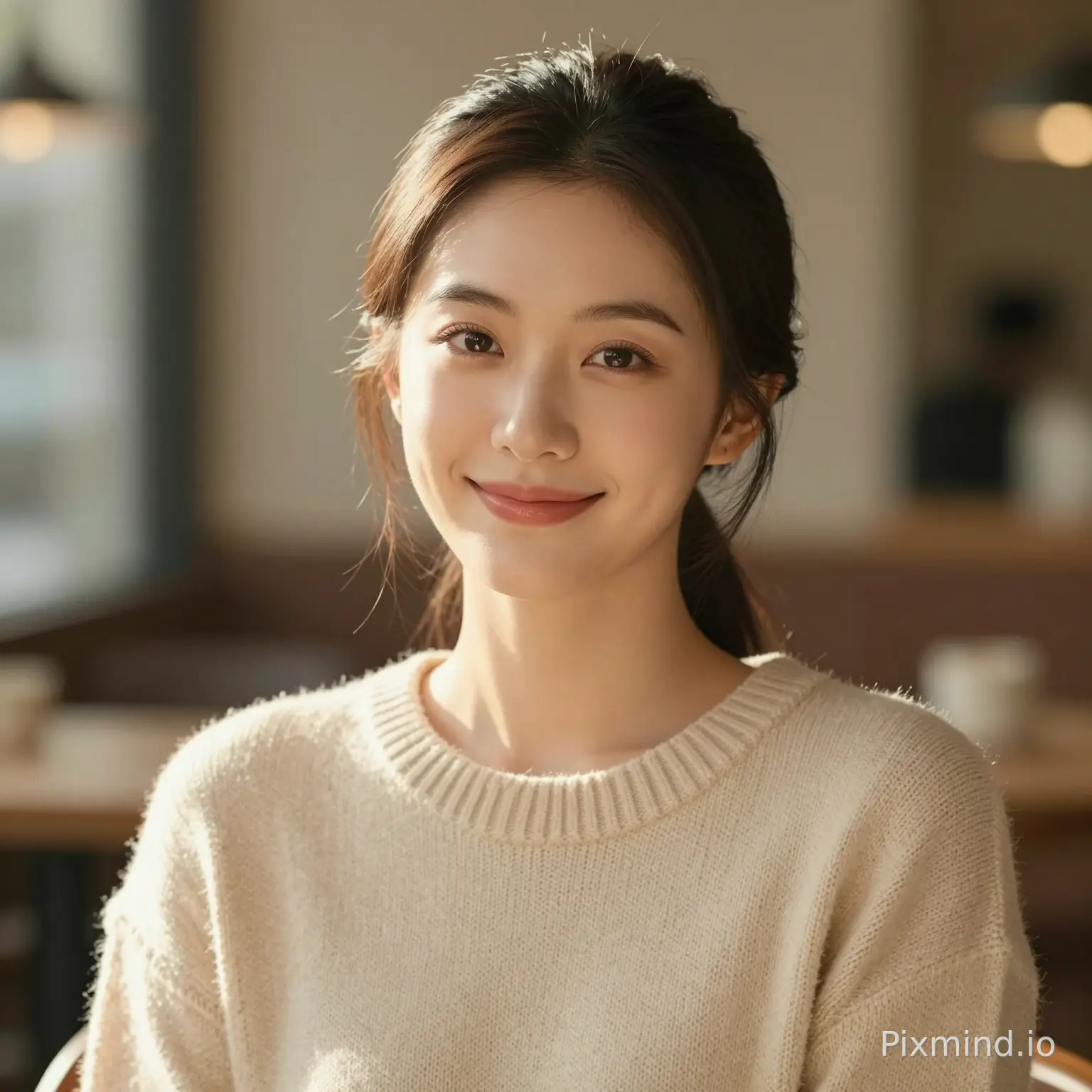 A 25-year-old Asian female, flawless skin, gentle smile, wearing a beige knitted sweater, soft natural lighting, golden hour, blurred cafe background, 8k resolution, highly detailed, photorealistic, cinematic photography.