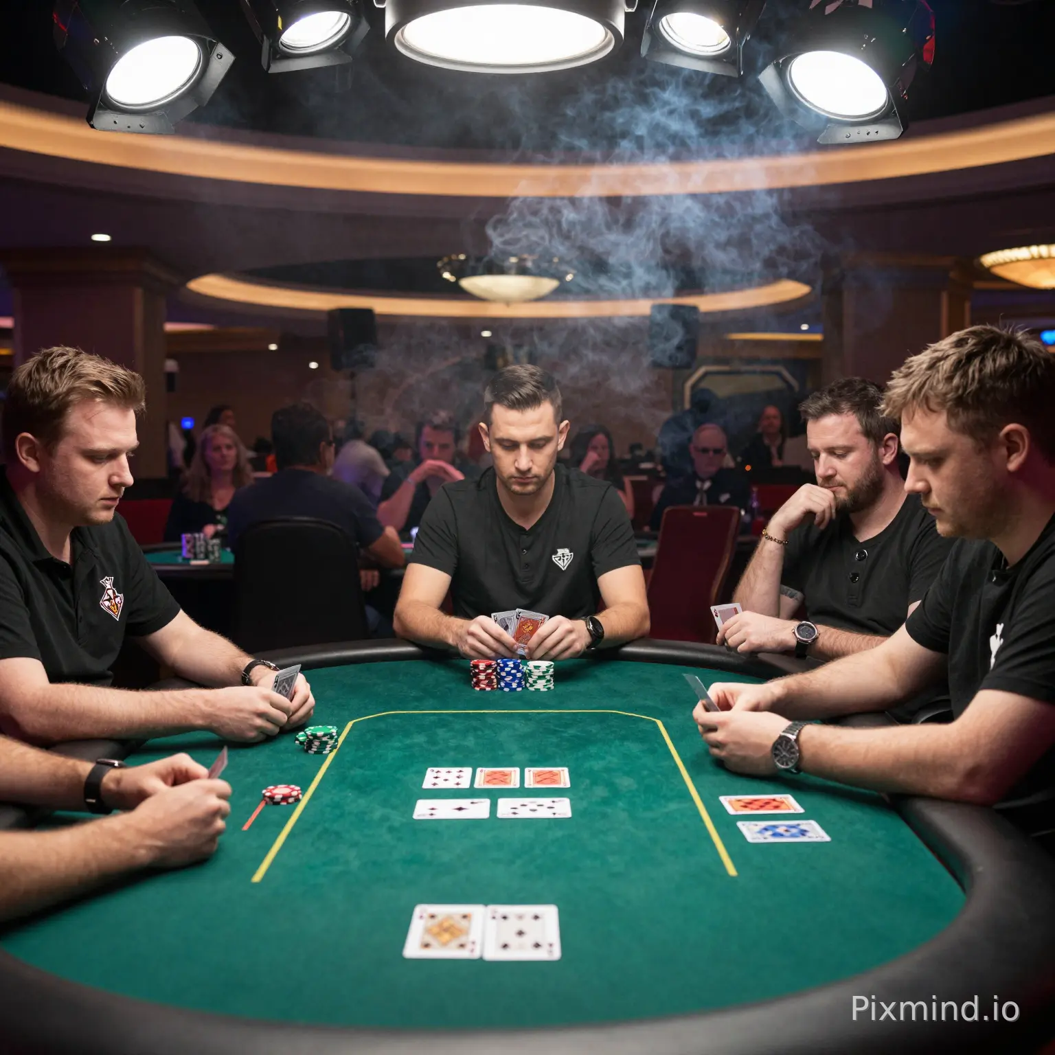 A cinematic wide shot of a tense Texas Hold'em poker tournament in a grand Las Vegas casino, professional poker players sitting around a green felt oval table, holding playing cards in hands, illuminated by bright overhead spotlights, smoky atmosphere, stacked casino chips on the table, cards showing on the flop, spectators in the blurred background, shot on 35mm lens, photorealistic, 8k resolution, highly detailed --ar 16:9