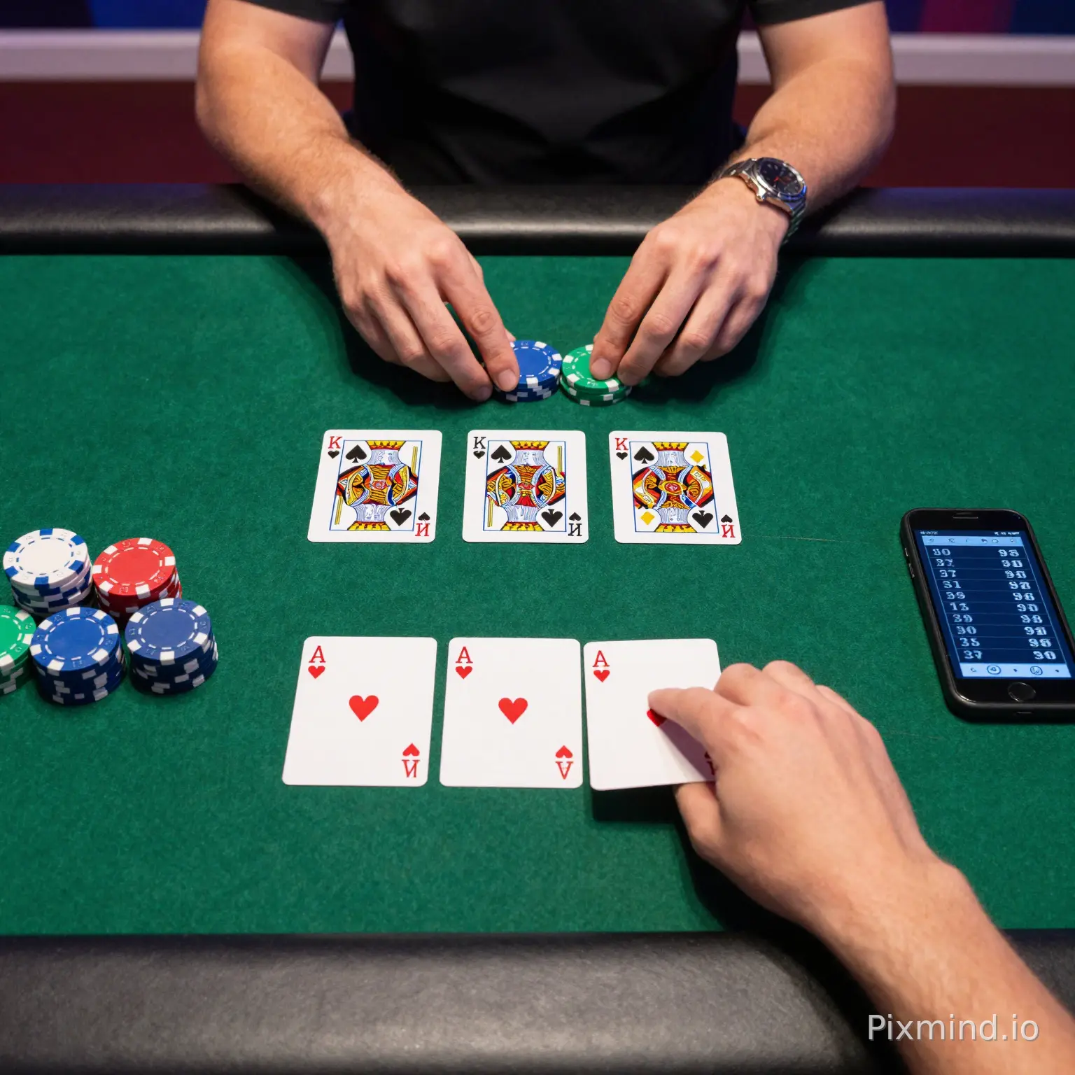 First-person point of view (POV) of a Texas Hold'em poker player sitting at a tournament table. On the green felt in front of the player are two hole cards (for example, Ace of Hearts and King of Spades), a pile of colorful casino chips, and a smartphone showing odds. In the center of the table are three community flop cards. Bright casino lighting, cinematic lighting, hyper-realistic, highly detailed.