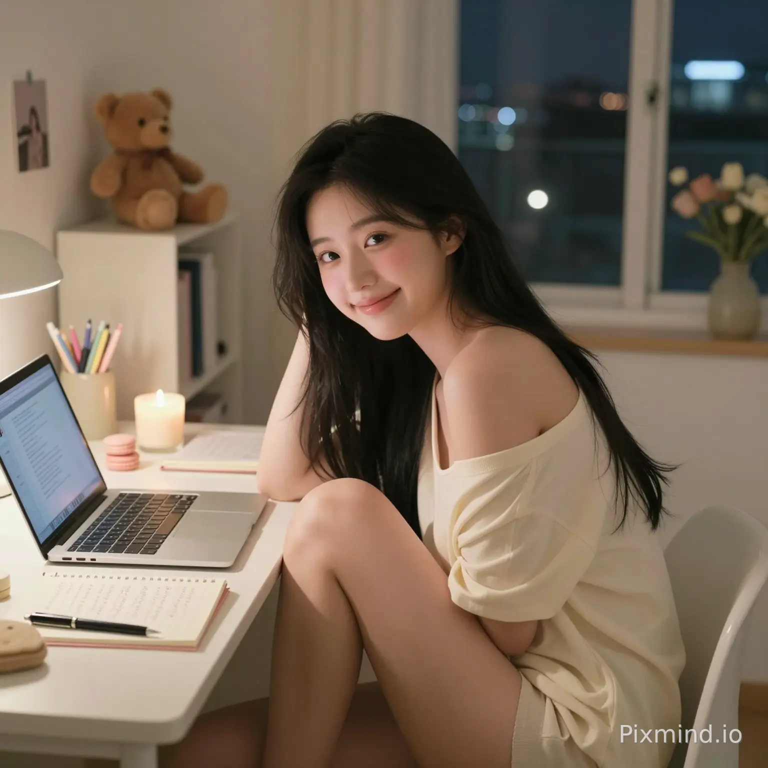 超写实主义温馨韩式书房人像,赵露思在夜晚随性地坐在白色书桌上的笔记本电脑旁,双膝轻柔地向身体弯曲,上半身转向镜头,露出温柔羞涩的微笑。仅穿着一件柔软的露肩奶油色居家超短上衣。胸型饱满下垂,完美契合轻松的深夜学习氛围。丝滑的黑色长发自然垂落在背后,清亮的双眼,淡雅的腮红妆容,自然的皮肤纹理,梦幻且充满活力的韩式审美。温馨的台灯环境光结合细腻真实的iPhone闪光灯摄影,营造出电影感的亮部和柔和的阴影。温馨的韩国公寓书房布置,桌上放着打开的笔记本电脑、手写笔记、笔记本、笔、蜡烛、马卡龙色文具、摆放着毛绒玩具和书籍的可爱书架、墙上的小相卡、花瓶里的花、以及窗外闪烁的都市夜景。浪漫的生活化氛围,亲密的深夜学习气息,自然放松的姿势,温馨柔美的审美,柔和的奶油色和淡粉色调,浅景深,电影化构图,极高细节,照片级真实的韩系房间质感,柔光,生活方式杂志摄影,平静安详的氛围,写实的公寓室内设计。