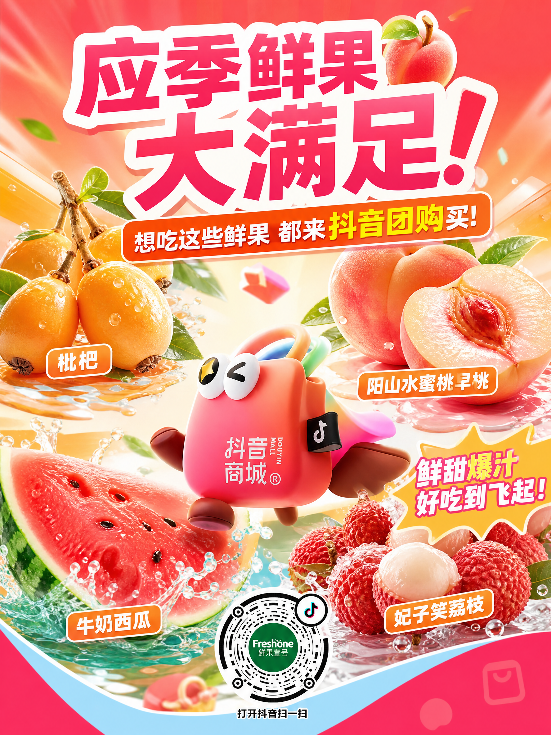 水果商家“鲜果壹号”要生成一副应季产品海报;利用参考图1,融入主题:枇杷 阳山水蜜桃早桃,牛奶西瓜,妃子笑荔枝,想吃这些鲜果,都来抖音团购买;海报下方带上抖音码,不要太大;画面可以用夸张有力的手法渲染