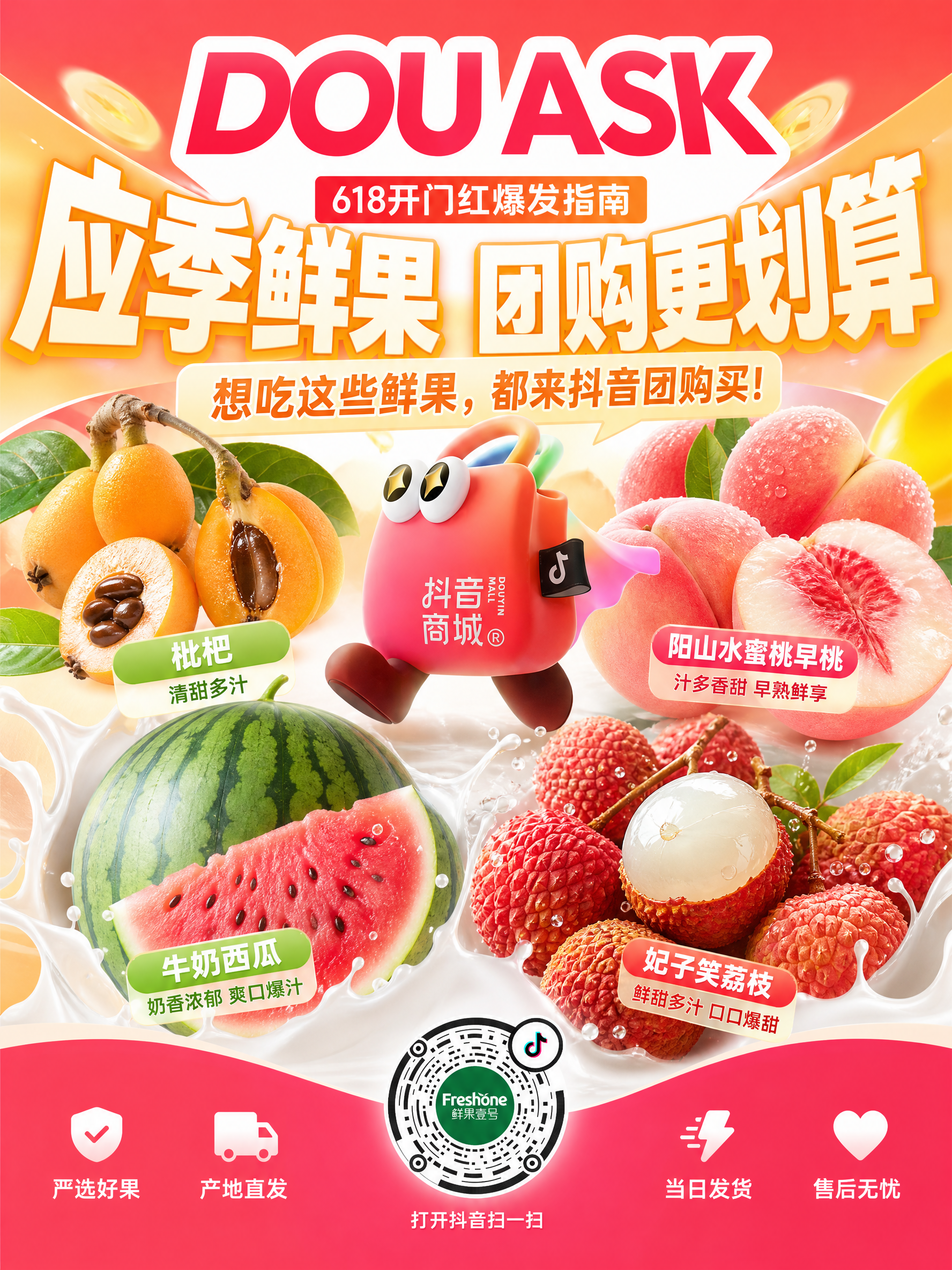 水果商家“鲜果壹号”要生成一副应季产品海报;利用参考图1,融入主题:枇杷 阳山水蜜桃早桃,牛奶西瓜,妃子笑荔枝,想吃这些鲜果,都来抖音团购买;海报下方带上抖音码,不要太大;画面可以用夸张有力的手法渲染