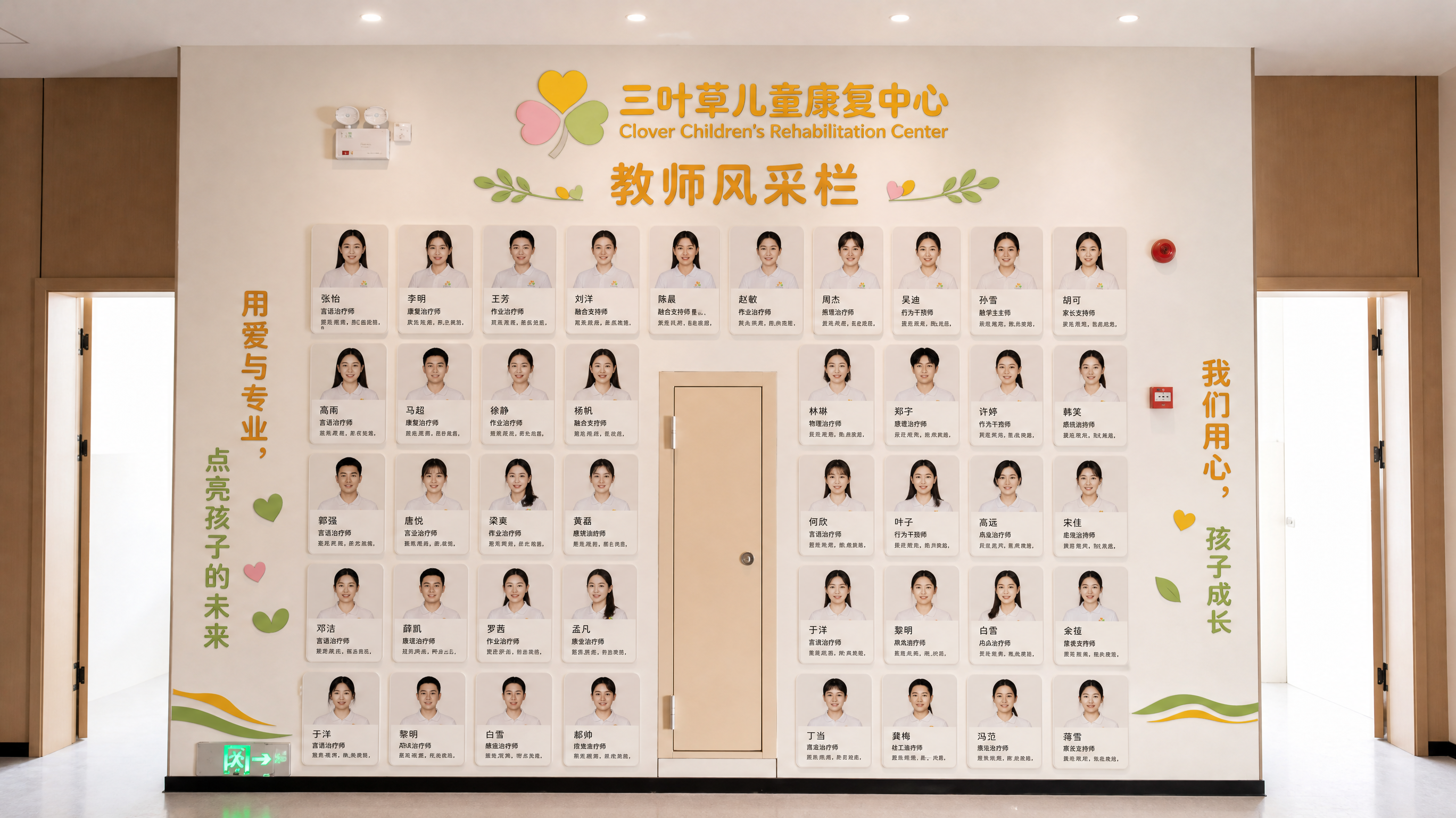 A photorealistic image of the provided modern, clean, interior wall of a rehabilitation center. On this wall, create a detailed '教师风采栏' (Teacher's Style Column). At the top center, place the '三叶草儿童康复中心' (Clover Children's Rehabilitation Center) logo and its full name in both Chinese and English, as seen in the first uploaded image. Below this, clearly display the title '教师风采栏'. The main area of the wall should feature a grid arrangement for 40 professional teacher portrait photos. Beneath each photo, include a personal biography section containing the teacher's name, their role, their specialties, and a brief, heartwarming introductory phrase, all written in simplified Chinese. Additionally, subtle, inspirational phrases about the teachers' dedication and their impact on children's growth, such as '用爱与专业,点亮孩子的未来' and '我们用心,孩子成长', should be aesthetically integrated into the overall design of the display. The lighting and perspective of the added elements should match the existing wall perfectly, ensuring a seamless and professional appearance. The style is modern, warm, and professional.