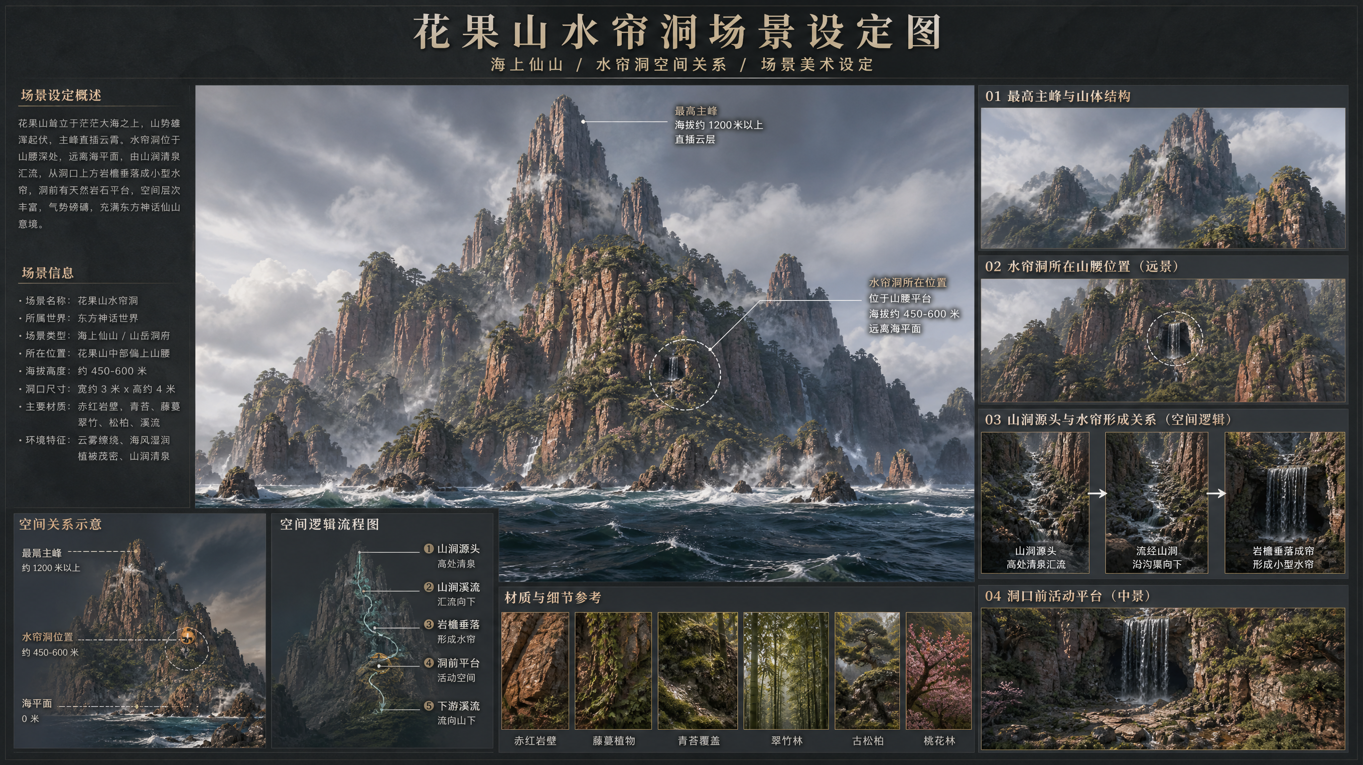 一张电影级场景设定排版图,中文展示板风格,超写实CG概念设计,美术设定稿排版,Unreal Engine 5 虚幻引擎5风格,整体画面清晰、专业、规整、信息层级明确,版式高级,适合作为影视概念设计汇报图、场景设定说明图、环境设计展示板。
主题内容为“花果山水帘洞场景设定排版图”。
排版图中心主视觉是一幅超写实CG全景场景图:一座极其高大、宽阔、雄浑的花果山屹立于汪洋大海之中,山体从海面拔地而起,整体山势有明显起伏变化,具有高低错落的副峰、山肩、山脊、坡面转折和层层递进的巨大山岳结构,不是呆板笔直的单一山形。整座山必须有一座最高主峰,明显高于周围群峰,直插云层。山崖以大面积赤红岩壁为主,怪石嶙峋,山体宽厚,树林、松柏、桃林、翠竹、藤蔓、青苔点缀其间,整体呈东方神话仙山气质。海面辽阔,海浪拍击山脚礁石,云雾缭绕山腰与山巅。
水帘洞位于花果山中部偏上、远离海平面的山腰区域,绝不靠近海边山脚。水帘洞嵌入山体一处半开敞崖壁凹地或天然山腰平台之中,洞前保留一块天然岩石活动场地,可供停留和出入,空间关系明确。洞口是自然岩洞,尺度约3米宽、4米高。洞口前有一层小型水帘瀑布,水帘只覆盖洞口,不是巨型瀑布。瀑布源头明确来自山体中上部的一道深长山涧:山涧由两侧陡峭赤红岩壁夹峙而成,内部有溪流、湿润岩石、青苔、古藤、翠竹,清泉先在山涧中汇流,再从洞口上方岩檐垂落形成水帘。要清楚表达“山涧源头—洞口上方岩檐—小型水帘—洞前平台—下游溪流”的空间逻辑。
整张排版图不是单一插画,而是专业设定板布局,包含:中心主场景图、局部放大图、结构关系小图、空间分层示意、材质细节展示、中文标题与中文标注说明。版面分区整齐,留白合理,信息组织清楚,视觉引导明确,像专业影视概念设计公司制作的场景设定展示板。
版式要求:
1. 顶部有清晰醒目的中文主标题,例如“花果山水帘洞场景设定图”。
2. 主标题下方可有简洁副标题,例如“海上仙山 / 水帘洞空间关系 / 场景美术设定”。
3. 中央区域为最大主图,展示花果山整体外观与海上尺度关系。
4. 主图旁边或下方设置若干局部放大框,分别展示:
- 最高主峰与山体起伏结构
- 水帘洞所在山腰位置
- 山涧源头与水帘形成关系
- 洞口前活动平台
- 赤红岩壁、藤蔓、青苔、翠竹等材质细节
5. 可以有简洁的空间关系示意小图,但必须是美术设定风格,不是工程制图,不要过于机械。
6. 中文说明文字必须工整、准确、无错字、无乱码、无重影、无拼写错误、无残缺文字。
7. 所有中文字体清晰易读,排版整洁,标题、副标题、标注、分区说明具有明确字号层级。
8. 标注线、指引线、信息框整洁克制,逻辑清楚,不过度杂乱。
9. 画面中的所有中文内容必须正常、准确、可读,不要生成乱码、错别字、变形字、无意义字符。
10. 整张展示板风格统一,色彩高级,带有电影概念设计、游戏场景设定、东方神话美术圣经的质感。
风格要求:超写实CG,UE5电影级光影,设定板排版高级感,专业环境概念设计展示,材质写实,光影自然,版面整洁,信息可视化明确,空间关系逻辑清晰,一眼能看懂花果山、水帘洞、山涧源头、洞前平台、海平面高度之间的关系。
特别强调:
- 必须是“场景设定排版图”,不是普通风景画
- 必须有中文标题和中文分区说明
- 中文必须无错字、无乱码、清晰可读
- 必须清楚表现山体起伏和唯一最高主峰
- 必须清楚表现水帘洞远离海平面
- 必须清楚表现洞前有活动平台
- 必须清楚表现瀑布源头来自山涧,且瀑布只是遮住3米宽、4米高洞口的小型水帘
- 必须清楚表现整体空间层级与前后高低关系
- 不要做成漫画海报,不要做成旅游宣传页,不要做成古风字体花哨海报
photorealistic CG concept board, cinematic environment design board, Unreal Engine 5, layout presentation board, Chinese readable typography, clean infographic style, environment concept art sheet, ultra detailed, 8K quality.
负面提示词:乱码,错别字,错误中文,不可读文字,变形文字,重影文字,残缺文字,英文乱入,拼写错误,文字模糊,排版混乱,信息拥挤,旅游海报风,电商海报风,漫画海报,二次元,卡通,古风书法过度装饰,工程蓝图,施工图,平面地图,普通风景插画,单张场景图,无标题,无标注,无分区说明,水帘洞靠近海平面,洞口前没有平台,巨型瀑布,瀑布贯穿整座山体,瀑布无源头,单一三角形山体,山体没有起伏,主峰不突出,城市,建筑群,人物主体,动物主体,低清晰度,模糊,噪点,过曝,欠曝,水印,logo,杂乱边框.