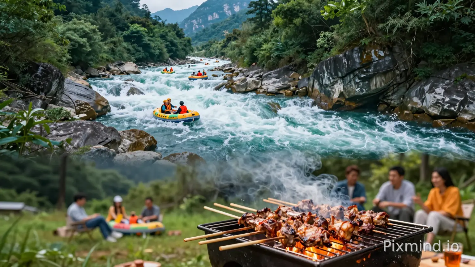 A breathtaking vertical promotional poster featuring a seamless blend of two scenes. The upper half showcases the majestic Triangle Mountain landscape with the Longtan Gorge river winding through lush green cliffs, tourists in colorful rafts navigating thrilling white water rapids, dynamic splashing waves, cool blue tones. The lower half transitions smoothly into a lively forest barbecue area on a grassy clearing, close-up details of sizzling charcoal grills loaded with delicious lamb skewers and roasted meats, warm golden lighting, smoke rising invitingly. High contrast between the energetic cool water above and the cozy warm food below, photorealistic, cinematic lighting, 8k resolution, commercial travel photography --ar 16:9
上半部分的漂流场景放小一点,下面的烧烤场景放大一点。搞个户外朋友聚在一起烧烤的图片