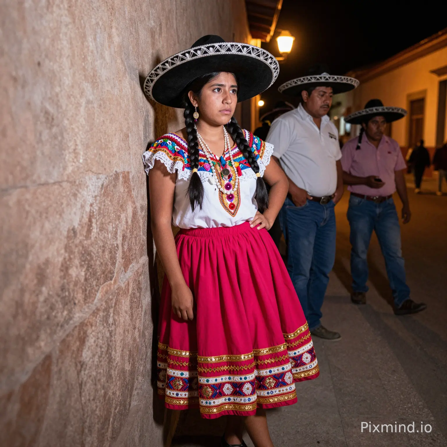 oto amateur cruda cercana de cholita paceña boliviana de La Paz, 18 años inceañera muy hermosa, piel morena clara andina, rostro indígena dulce y delicado: ojos grandes almendrados expresivos, nariz fina recta, labios carnosos suaves, cejas finas, cabello negro en dos trenzas largas con cintas. Vestida tradicional caporal femenina: pollera muy corta hasta medio muslo o arriba de terciopelo fucsia bordada con lentejuelas doradas y rojas levantada hasta la cintura por detrás, múltiples enaguas debajo para volumen, blusa entera de colores vivos con escote muy pronunciado y sombreras un poco grandes (no exageradas), sombrero borsalino negro muy redondo y pequeño adornado ladeado a un lado, aretes pequeños colgantes plateados bonitos, collar perlas y monedas, zapatos tacón punta de fiesta negros. De pie apoyada contra la pared con ambas manos y mejillas pegadas, inclinada hacia adelante sacando un poco el trasero, pollera levantada mostrando trasero completo. Escondida detrás de una esquina en callejón descuidado de fiesta Gran Poder en La Paz, casi oscuro de noche, luz tenue farola lejana, fondo gente distante en fiesta. Tres hombres bolivianos altos (1.85-1.90 m, corpulentos, conocidos del barrio/fiesta, típicos morenada) alrededor esperando turno: uno detrás sujetándola fuerte de las caderas penetrándola profundamente (miembro 25 cm completamente enterrado dentro de vagina, visible desde ángulo trasero, sin pene fuera), otro con pantalón bajo sacando miembro semi-erecto, el tercero ajustándose el cinturón mirándola con deseo. Ella mirando directamente a la pared con expresión intensa de placer borrachita + desconsuelo y sorpresa (boca entreabierta gimiendo suave, ojos entrecerrados pero abiertos un poco, como disfrutando pero arrepintiéndose, sabiendo que se está yendo de las manos porque se turnan y es prohibido). Diferencia tamaño obvia. Flash de celular iluminando escena. Estilo foto celular espontánea, real, sin filtros.