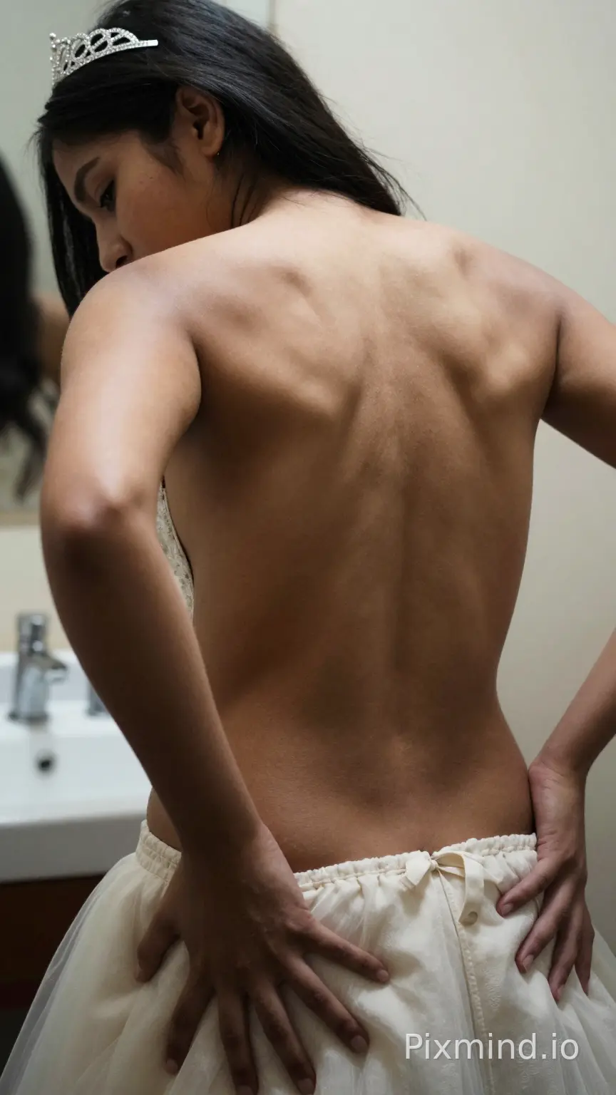 Amateur cellphone photography aesthetic, ultra-close, intimate POV from directly behind. A 1.50m petite Latina girl with light skin, long straight black hair cascading down her back, and a crooked silver tiara. Her Quinceañera gown is gathered at her waist, revealing her upper torso. She is bent over a sink, her slim back subtly trembling. Large, dark-skinned hands gently part her shapely glutes. Extreme size contrast, with a substantial, dark-toned form deeply engaged, causing significant, visible distention and emphasizing the physical disparity at the point of contact. Her mouth is slightly open, breathing heavily, face (barely visible) expressing intense, mixed sensation. Her back muscles are taut, trembling with rhythmic motion. Natural, soft ambient lighting, muted and realistic color palette. Raw, unedited, no filters, subtle film grain. Focus on the lower back and the intimate point of contact, with only a hint of her nape and hair at the frame's edge. Photorealistic, highly detailed, intricate, evocative.