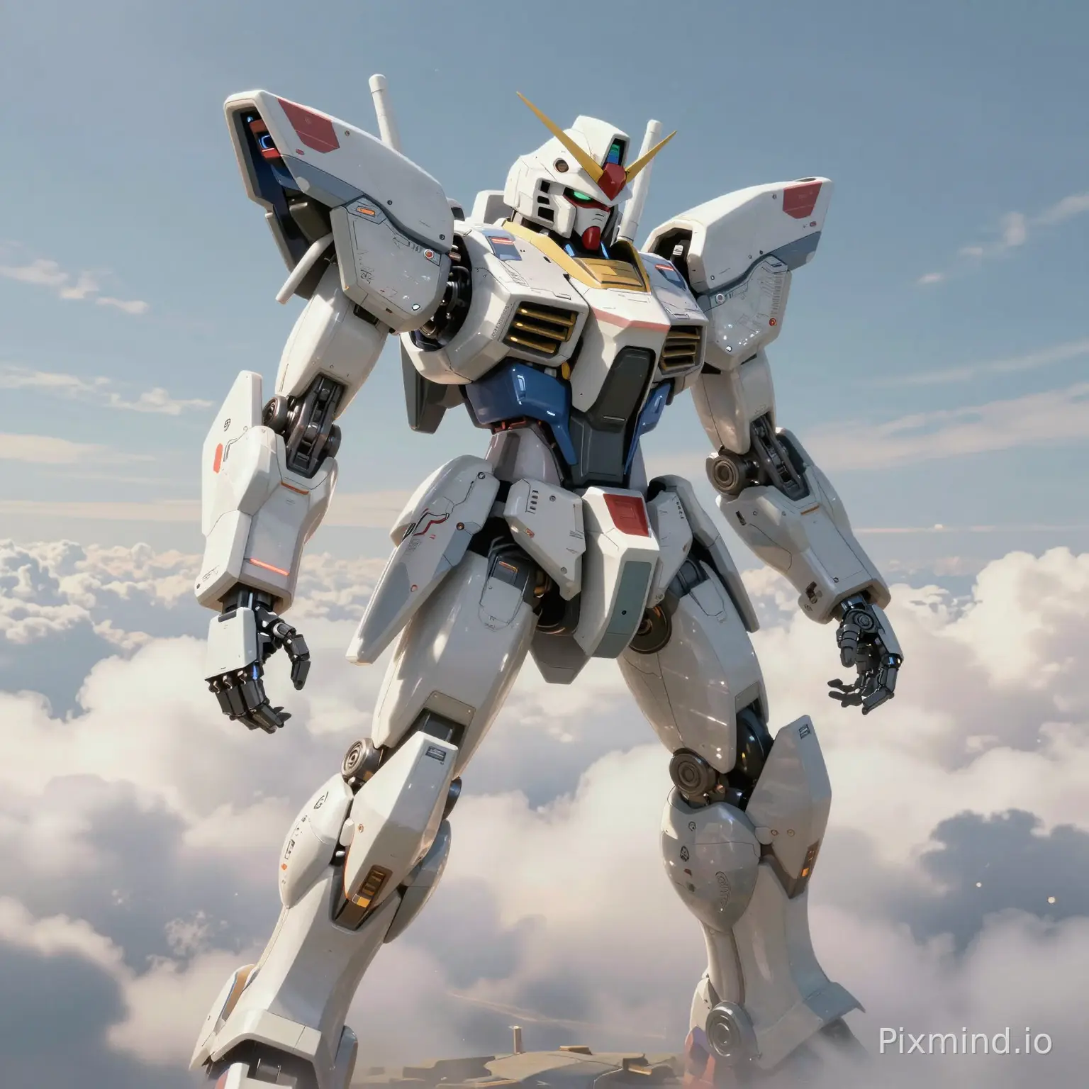 monumental humanoid mecha resting above the clouds, clean futuristic mechanical silhouette, precision-engineered armor systems, articulated industrial joints, exposed mechanical frame beneath matte ceramic plating, restrained emotional posture, silent interaction between human and machine, cinematic atmospheric perspective, soft volumetric cloud lighting, subtle mechanical motion, breathing-like industrial energy systems, refined anime sci-fi aesthetics, cinematic cel shading, delicate highlight rendering, realistic mechanical structure design, high-end mecha concept art, inspired by gundam mechanical design and arknights visual direction, masterpiece, ultra detailed