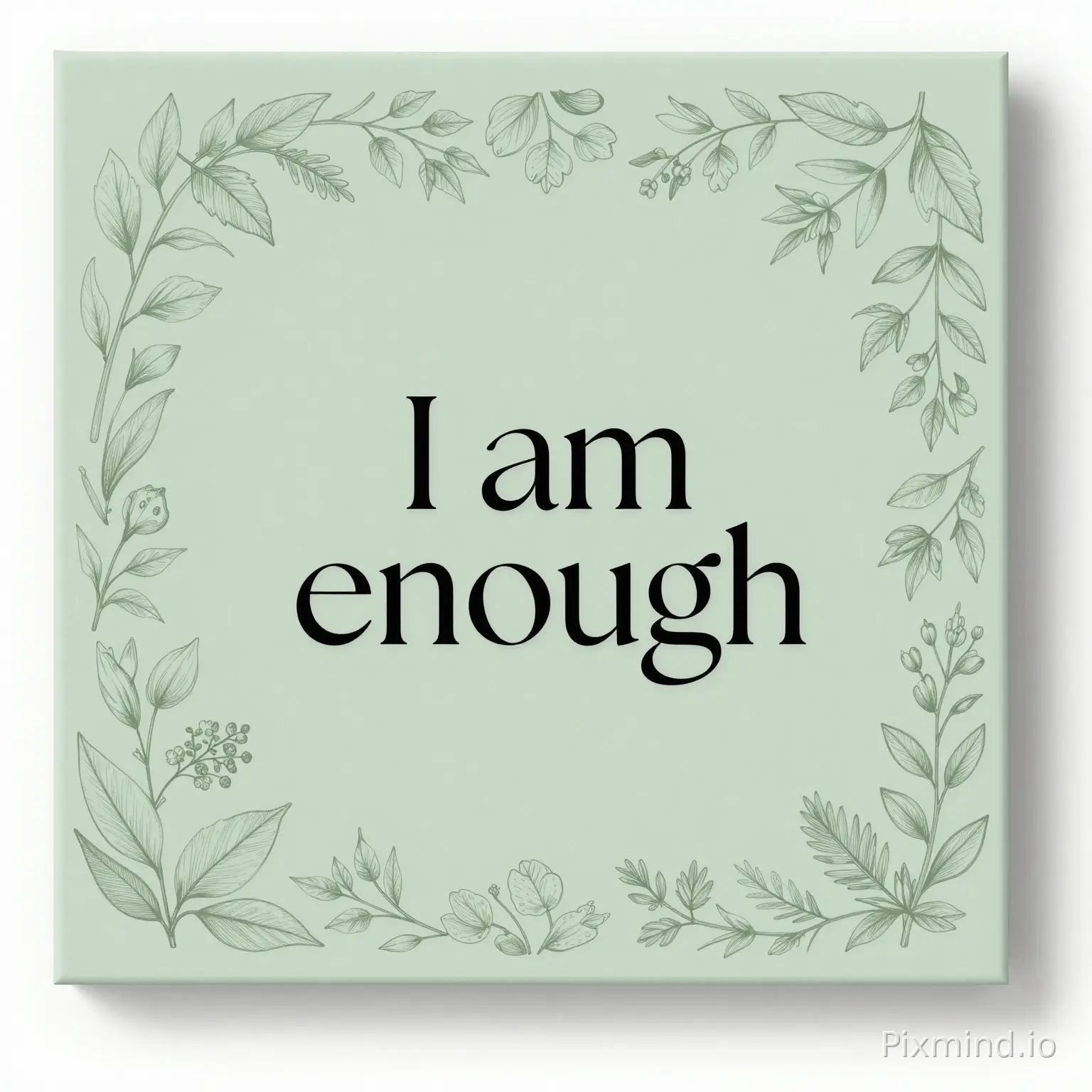 Square affirmation wall art for Lumina Serene. Text "I am enough" in elegant black serif font centered on soft sage green background with delicate botanical line art border. Premium minimalist style, high resolution, square format