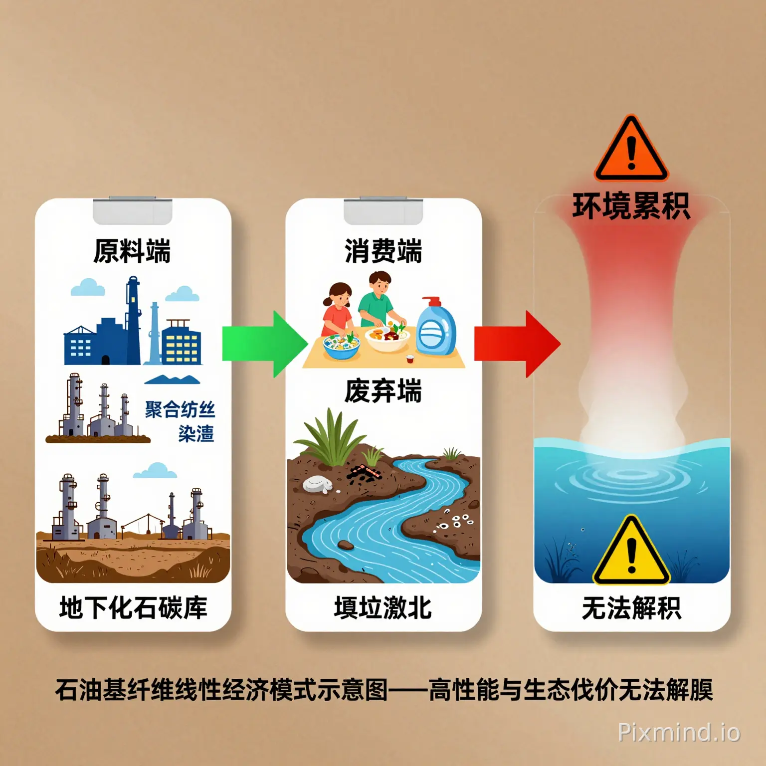 画面描述:横版流程图。左端为“地下化石碳库”区块,包含地下原油开采、炼化场景;中段为三大环节:原料端(聚合/纺丝/染整工厂图标的紧凑组合)、消费端(家庭/洗涤场景)与废弃端(填埋场/河流漂浮微塑料);右端为“环境累积”终点,用扩散波纹叠加警示标识示意微塑料在土壤、水体、生物体内扩散累积。整幅流程以单向箭头从原料端经消费端指向废弃端,箭头呈现由绿色渐变至深红的污染物累积趋势,下方配注“石油基纤维线性经济模式示意图——高性能与生态代价无法解耦”。