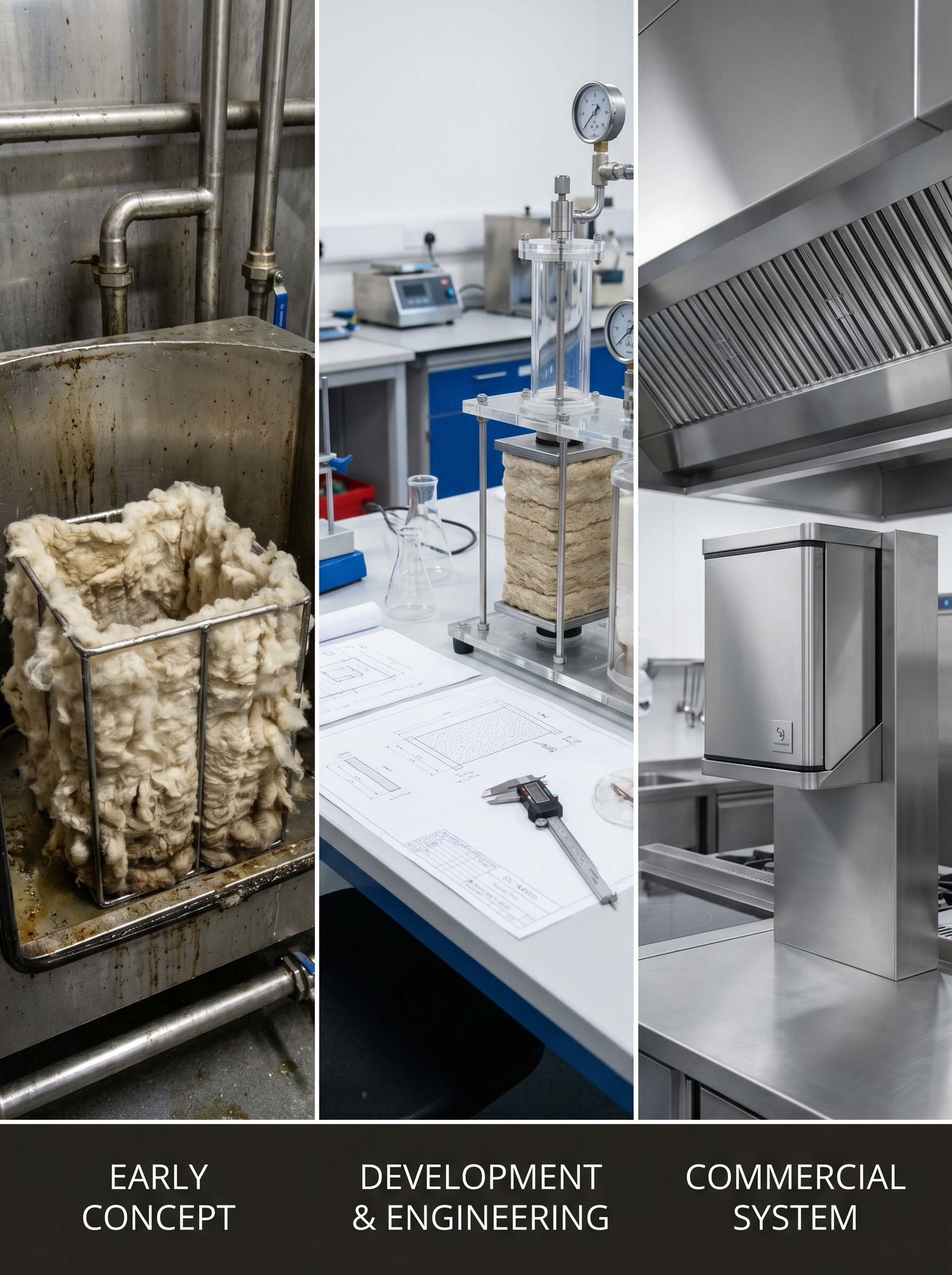 create an image which supprts this story: "More than two decades ago, while working in wastewater grease management in New Zealand, Todd Randinelli encountered an early wool canopy filtration concept.What he saw was potential.Natural wool showed promise as a filtration material, but the concept was far from ready for the demands of commercial kitchen environments.What followed was years of development, engineering and technical refinement to transform that early idea into a filtration system capable of meeting real-world operational and regulatory expectations." Don't include the story text in the image. don't include any people