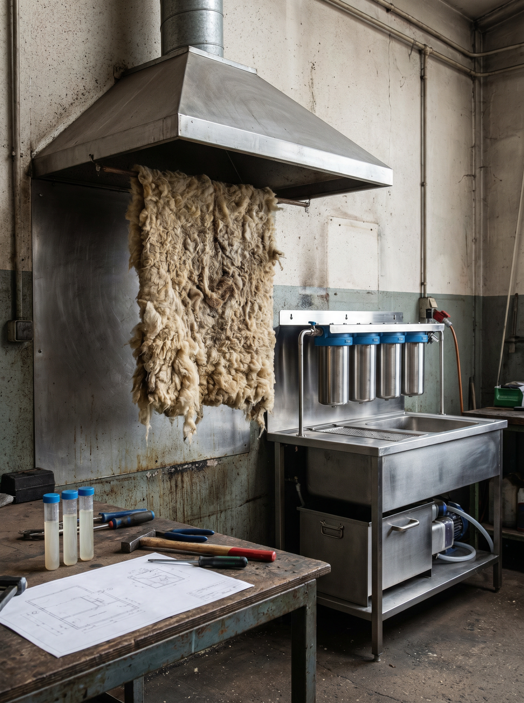 create an image which supprts this story: "More than two decades ago, while working in wastewater grease management in New Zealand, Todd Randinelli encountered an early wool canopy filtration concept.What he saw was potential.Natural wool showed promise as a filtration material, but the concept was far from ready for the demands of commercial kitchen environments.What followed was years of development, engineering and technical refinement to transform that early idea into a filtration system capable of meeting real-world operational and regulatory expectations." Don't include the story text in the image. don't include any people. don't add any text