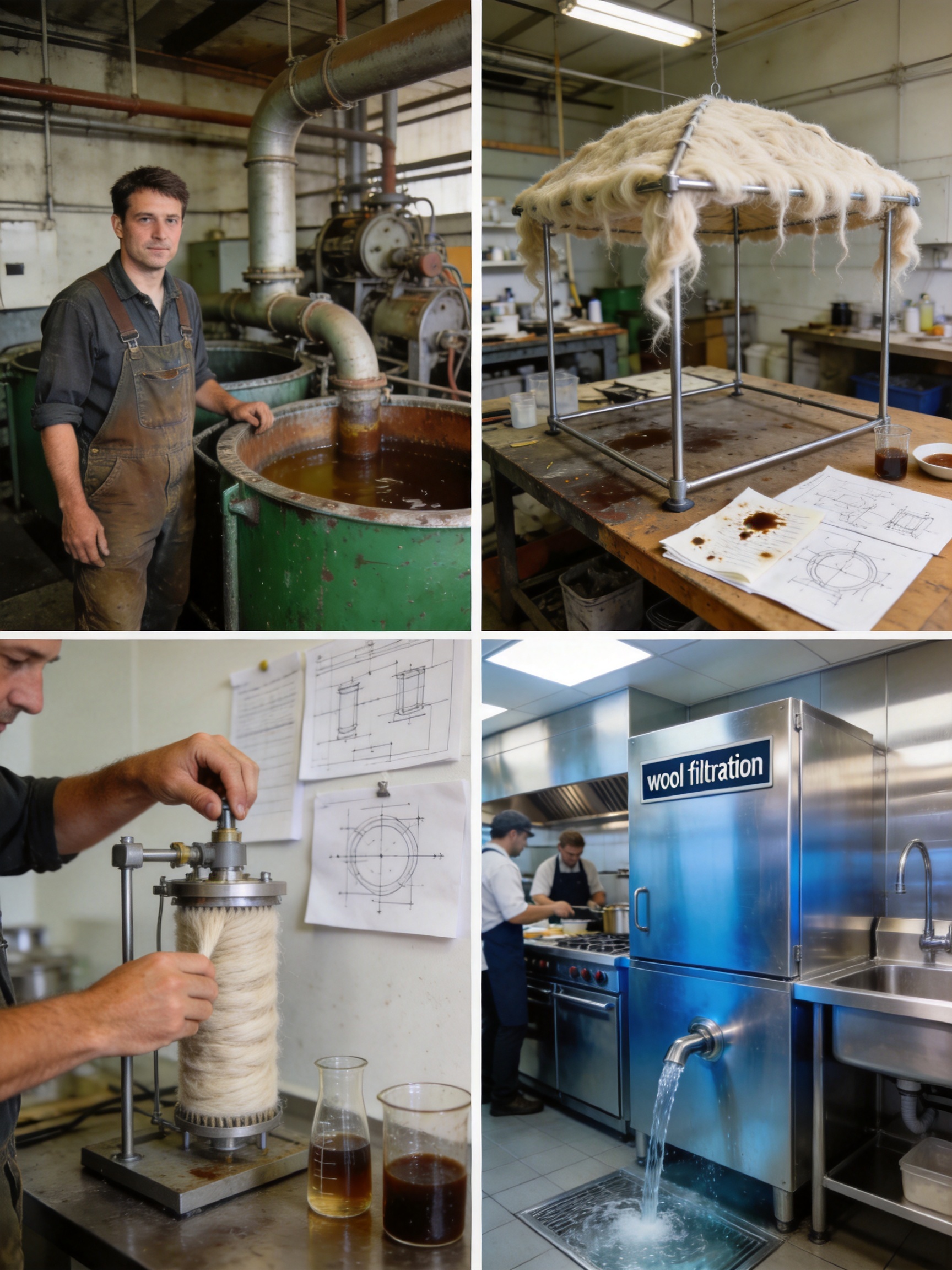 create an image which supprts this story: "More than two decades ago, while working in wastewater grease management in New Zealand, Todd Randinelli encountered an early wool canopy filtration concept.What he saw was potential.Natural wool showed promise as a filtration material, but the concept was far from ready for the demands of commercial kitchen environments.What followed was years of development, engineering and technical refinement to transform that early idea into a filtration system capable of meeting real-world operational and regulatory expectations." Don't include the story text in the image