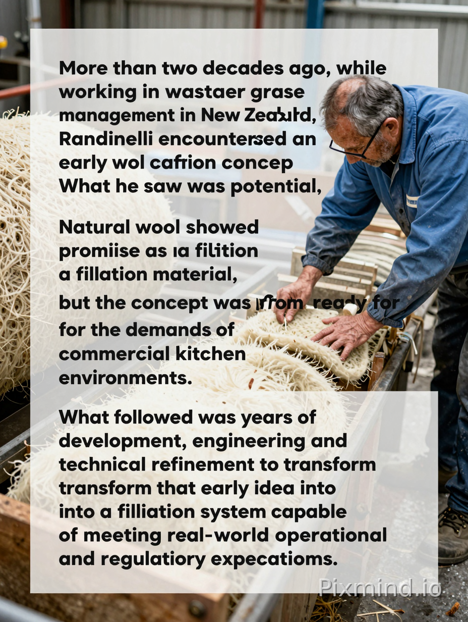 create an image which supprts this story: "More than two decades ago, while working in wastewater grease management in New Zealand, Todd Randinelli encountered an early wool canopy filtration concept.
What he saw was potential.
Natural wool showed promise as a filtration material, but the concept was far from ready for the demands of commercial kitchen environments.
What followed was years of development, engineering and technical refinement to transform that early idea into a filtration system capable of meeting real-world operational and regulatory expectations."