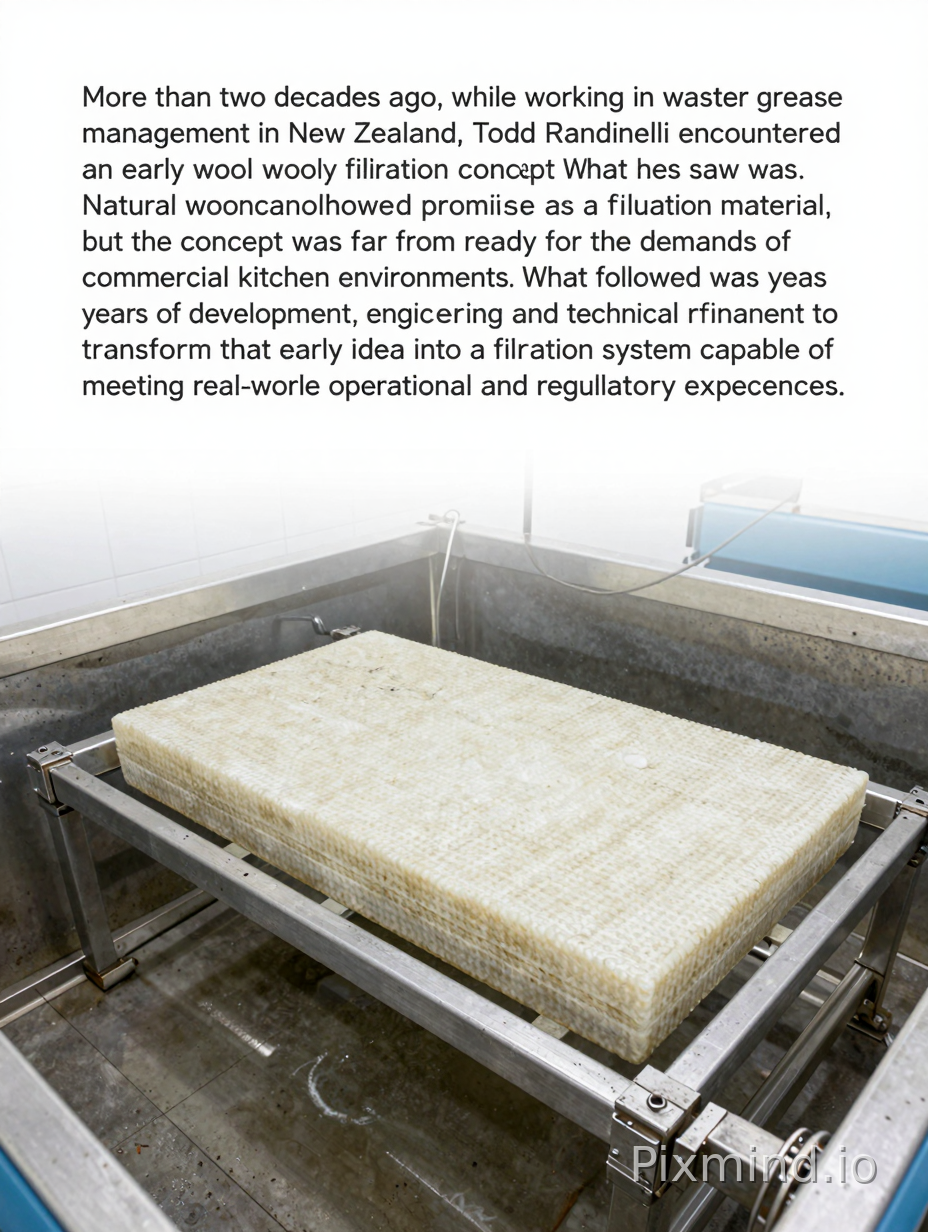 create an image which supprts this story: "More than two decades ago, while working in wastewater grease management in New Zealand, Todd Randinelli encountered an early wool canopy filtration concept.What he saw was potential.Natural wool showed promise as a filtration material, but the concept was far from ready for the demands of commercial kitchen environments.What followed was years of development, engineering and technical refinement to transform that early idea into a filtration system capable of meeting real-world operational and regulatory expectations." Don't include the story text in the image
