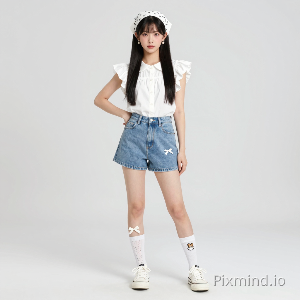ai kpop girl with jet black straight long hair with white pearl earrings wearing a cute white short sleeve ruffle sleeve shirt with light blue jean shorts and cute white bows on the shorts with one long sock on her left foot with little holes in it and a white short sock on her right leg with a cute image on it with cute white sneakers on with a cute white bandana on her head with a cute white leg bow right above the short sock on her right leg doing a cute pose