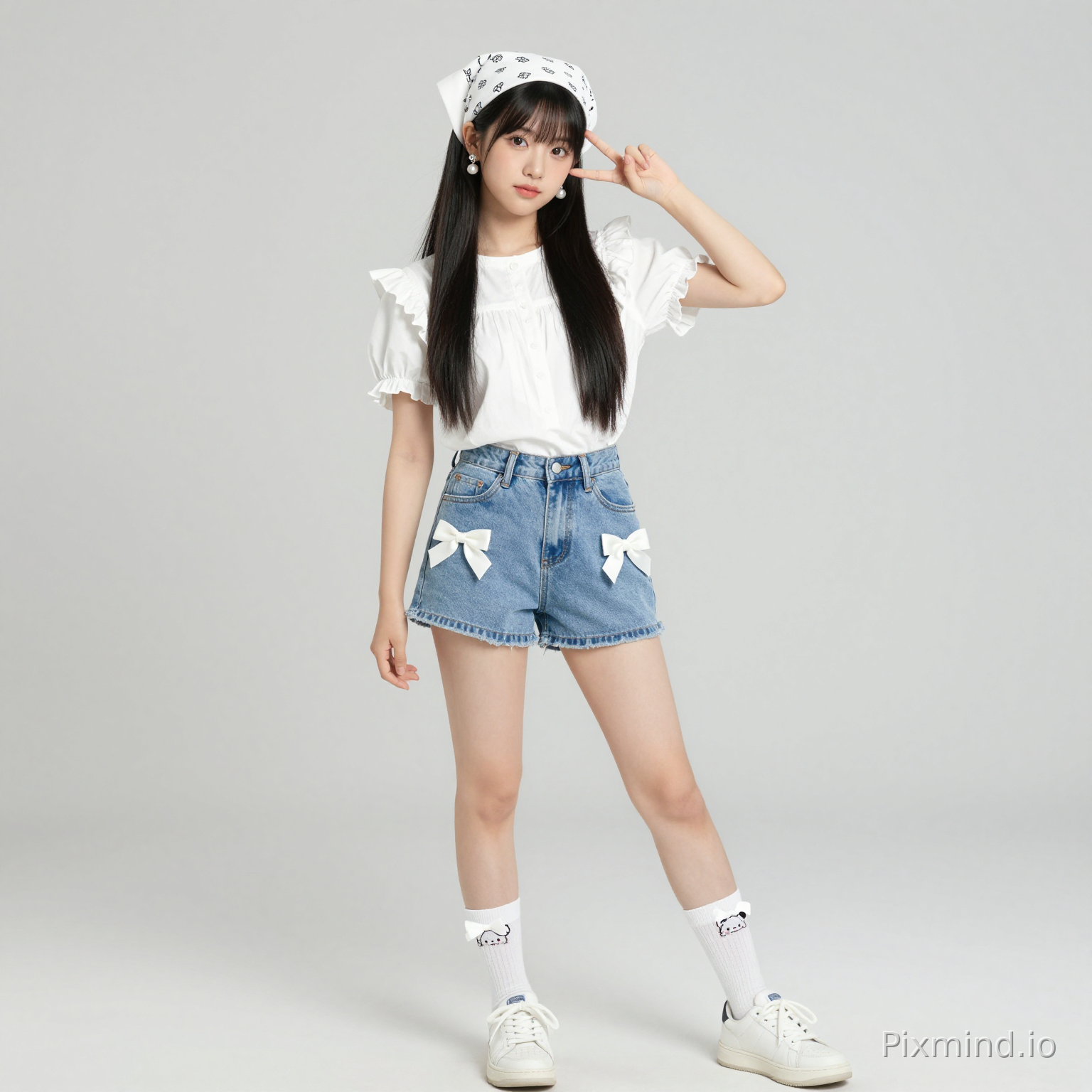 ai kpop girl with jet black straight long hair with white pearl earrings wearing a cute white short sleeve ruffle sleeve shirt with light blue jean shorts and cute white bows on the shorts with one long sock on her left foot with little holes in it and a white short sock on her right leg with a cute image on it with cute white sneakers on with a cute white bandana on her head with a cute white leg bow right above the short sock on her right leg doing a cute pose