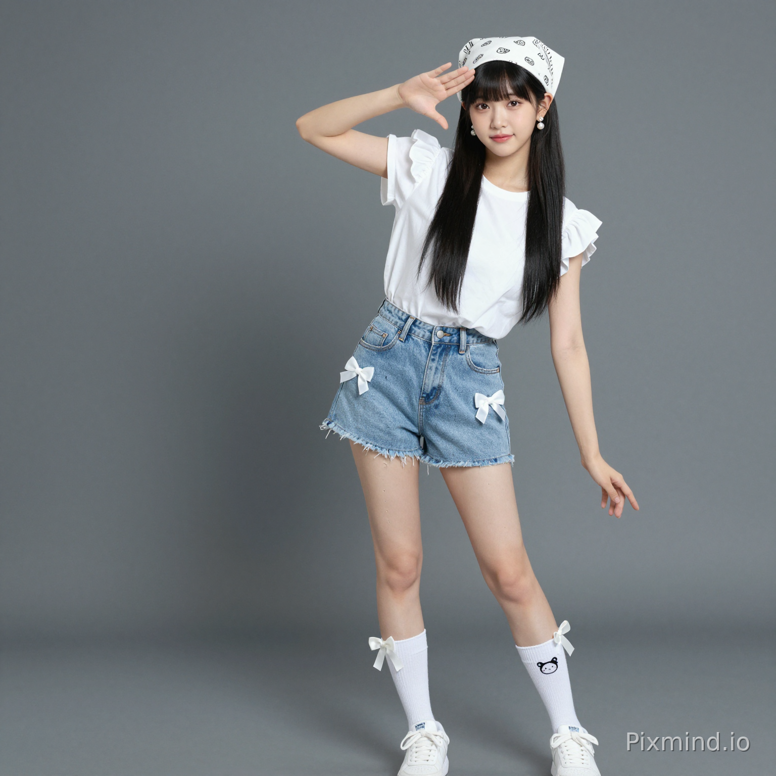 ai kpop girl with jet black straight long hair with white pearl earrings wearing a cute white short sleeve ruffle sleeve shirt with light blue jean shorts and cute white bows on the shorts with one long sock on her left foot with little holes in it and a white short sock on her right leg with a cute image on it with cute white sneakers on with a cute white bandana on her head with a cute white leg bow right above the short sock on her right leg doing a cute pose