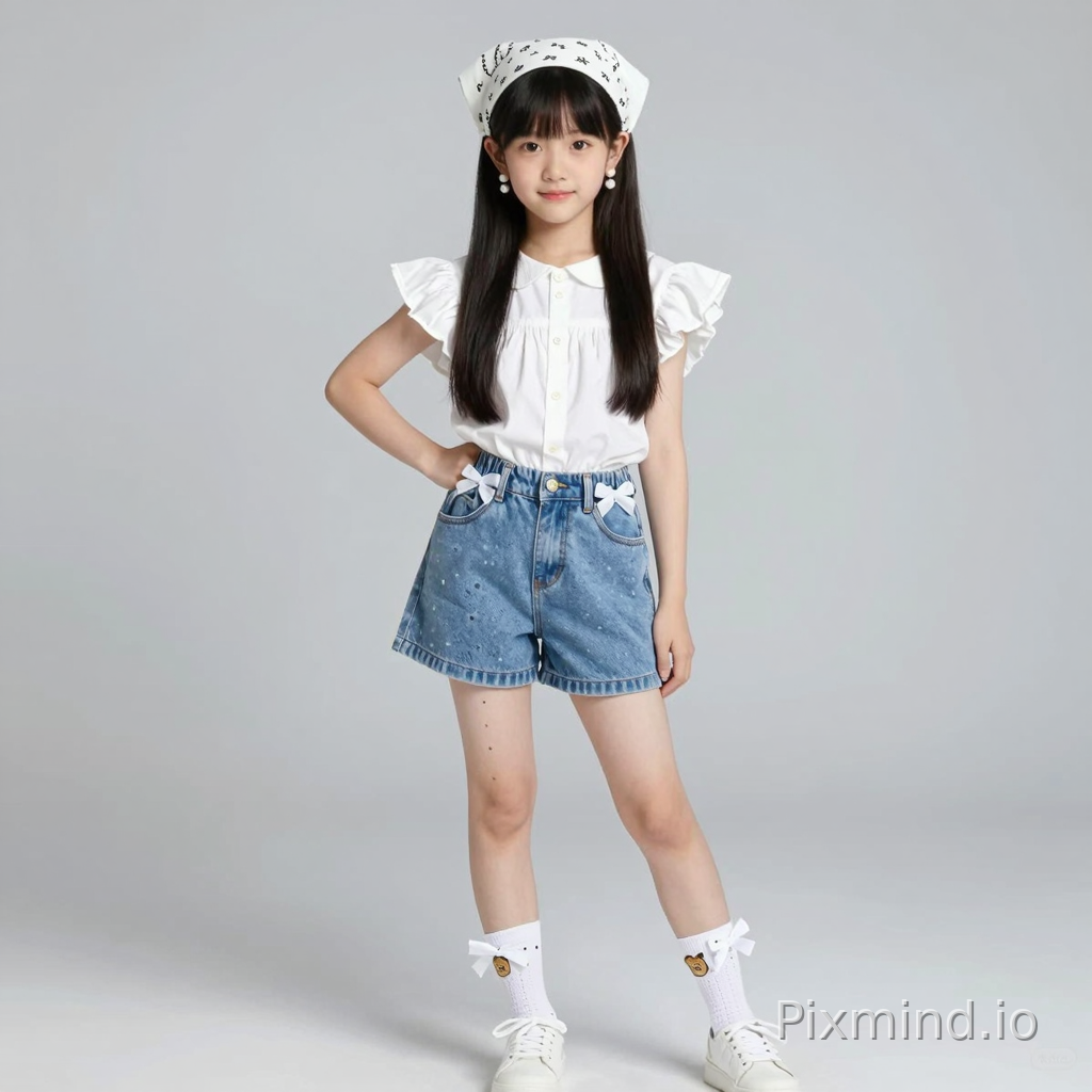 ai kpop girl with jet black straight long hair with white pearl earrings wearing a cute white short sleeve ruffle sleeve shirt with light blue jean shorts and cute white bows on the shorts with one long sock on her left foot with little holes in it and a white short sock on her right leg with a cute image on it with cute white sneakers on with a cute white bandana on her head with a cute white leg bow right above the short sock on her right leg doing a cute pose