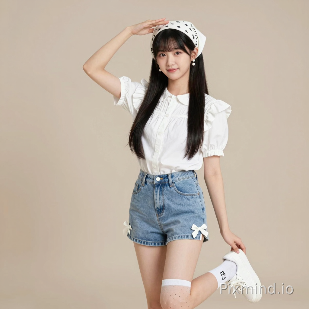ai kpop girl with jet black straight long hair with white pearl earrings wearing a cute white short sleeve ruffle sleeve shirt with light blue jean shorts and cute white bows on the shorts with one long sock on her left foot with little holes in it and a white short sock on her right leg with a cute image on it with cute white sneakers on with a cute white bandana on her head with a cute white leg bow right above the short sock on her right leg doing a cute pose