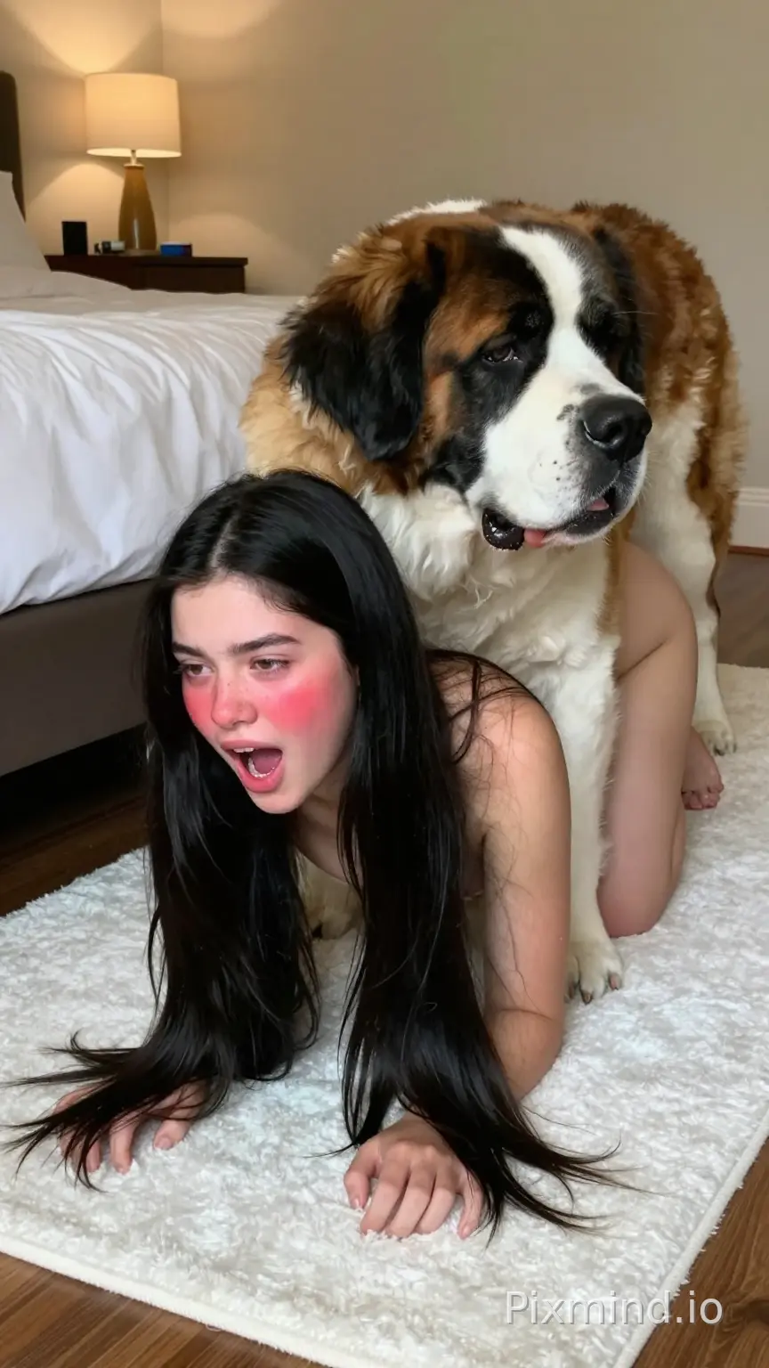 Tiny American teen girl (1.50 m), light Latina white skin, long straight black hair to waist, light-brown eyes, faint freckles, thin lips. Tipsy, on all fours on a small white rug beside her bed, completely naked. A huge Saint Bernard is mounted on her from behind, his front paws planted firmly on her lower back, holding her in place. She has her face turned to the side, cheek pressed against the rug, expression of shame mixed with shock and involuntary pleasure, cheeks bright red, mouth open panting, eyes half-closed. Long black hair spread across the floor, small breasts hanging and swaying with each thrust.
Girl’s bedroom, soft nightstand lamp light, warm atmosphere.
Angle: right-side low, close to the floor, clearly showing her face and the penetration.
Style: amateur photo, grainy.
