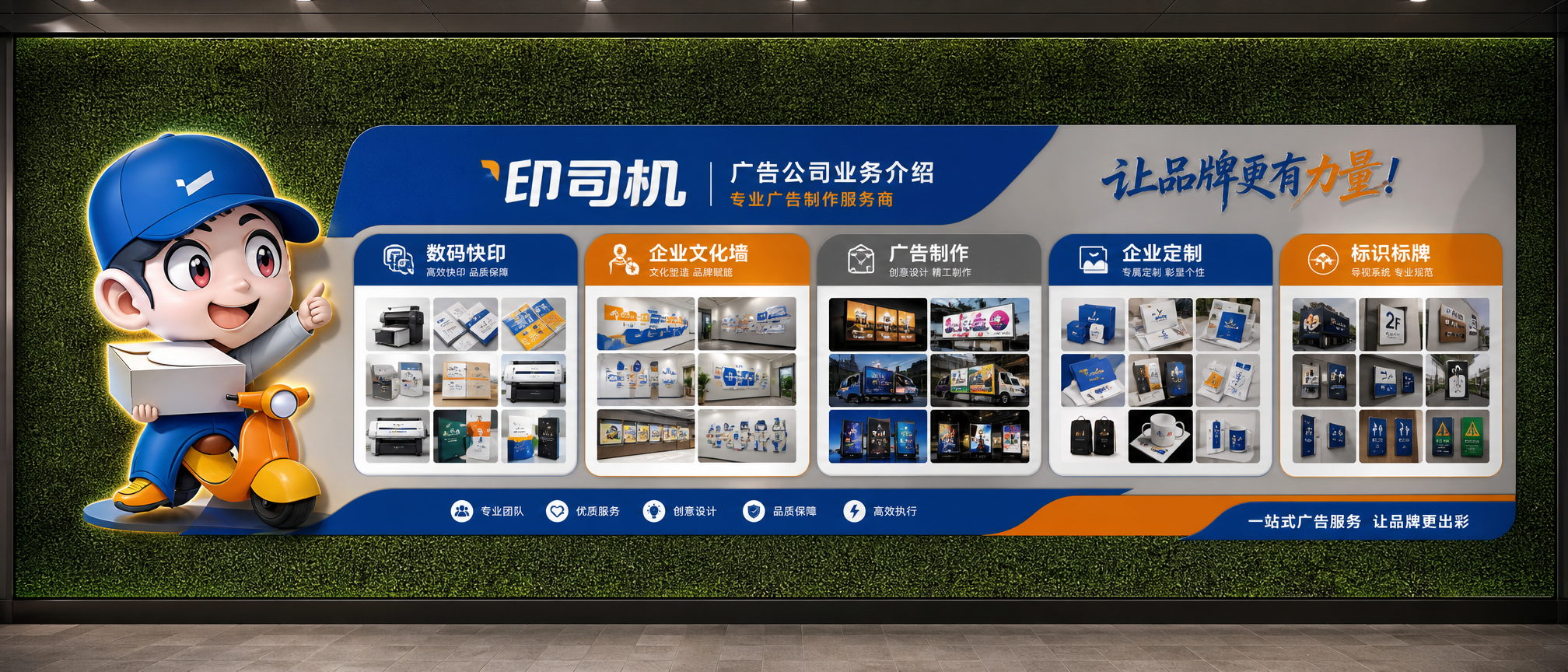 这是一面9*3.5M的绿植墙面,我要做一家广告公司的业务介绍文化墙。公司名称为印司机,主营业务范围数码快印,企业文化墙,广告制作,企业定制,标识标牌,设计尺寸是6*2.4米,靠绿植墙右边,主题色是蓝色,橙色,灰色。上下留空50CM,中间做一整个打底,然后在打的面做文化墙。各个业务板块增加一些业务相关的图片。做成正视角效果图,每个业务需要多点图片展示。左边放一个大型的卡通人物造型,做成3D立体效果图,增加发光工艺。