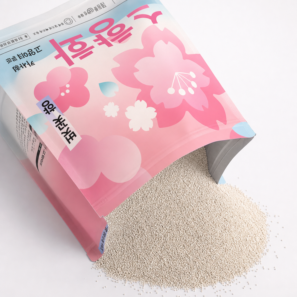 电商宠物用品写实摄影,斜 45° 侧俯视角度,白色纯净背景。主体为沙子袋(图一),袋口敞开,露出奶白色沙子。整体为 ins 风高级质感,低饱和干净色调,均匀柔和自然光,浅景深突出猫砂细腻质感与包装设计,画面通透清爽,传递产品环保、无粉尘的特点。