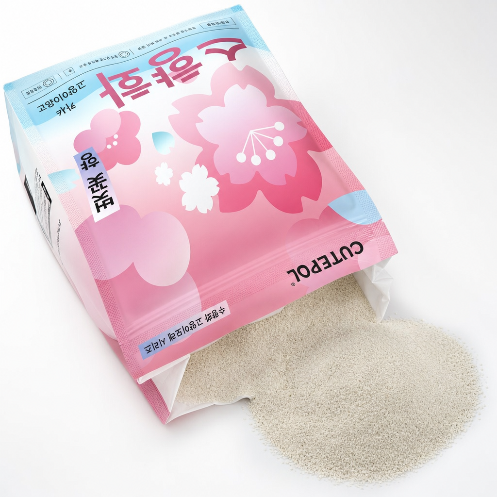 电商宠物用品写实摄影,斜 45° 侧俯视角度,白色纯净背景。主体为沙子袋(图一),袋口敞开,露出奶白色沙子。保持包装上的文字清晰不变形,整体为 ins 风高级质感,低饱和干净色调,均匀柔和自然光,浅景深突出猫砂细腻质感与包装设计,画面通透清爽,传递产品环保、无粉尘的特点。