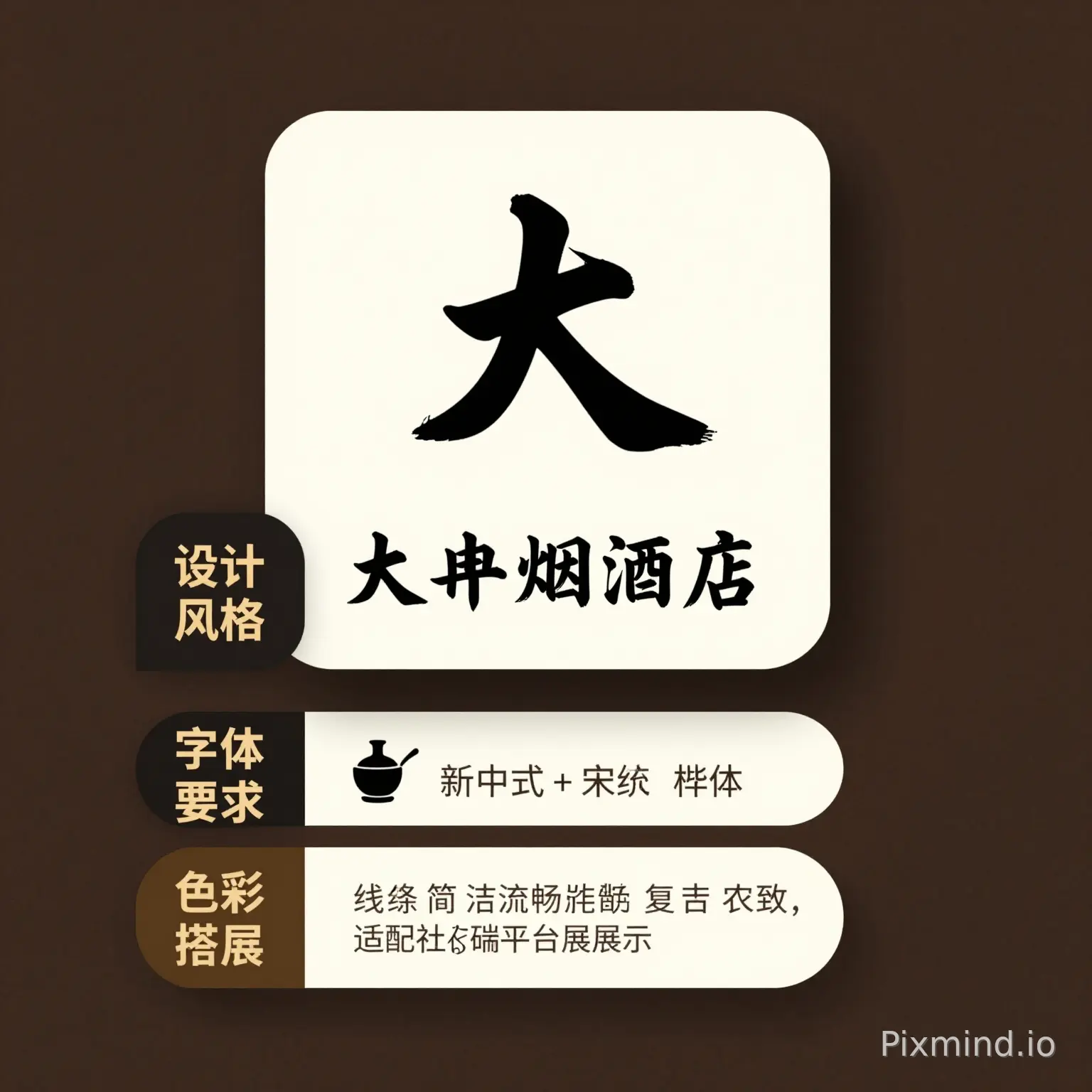 {
"logo 名称": "大冉烟酒店",
"应用场景": "抖音账号头像、微信名片头像",
"设计风格": "新中式 + 极简风,拒绝卡通、童趣风格,整体大气沉稳",
"主体元素": "融合书法字体「大冉」+ 简约传统纹样,可搭配极简酒器、茶叶、中式线条元素,元素凝练不繁杂",
"字体要求": "「大冉烟酒店」采用中式书法 / 宋体 / 楷体,笔画利落雅致,辨识度高",
"色彩搭配": "主色选用深棕、墨黑、暗金、米白,低饱和度配色,复古雅致,适配社交平台展示",
"构图布局": "方形标准构图,中心对称,视觉重心集中,缩小后依旧清晰可辨",
"细节要求": "线条简洁流畅,质感高级,国风意境浓厚,无多余装饰,适配移动端小尺寸展示"
}