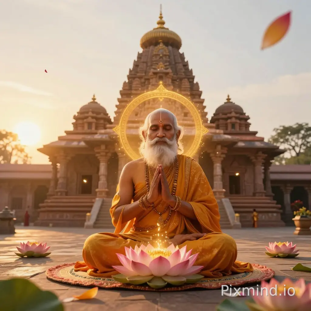 Ancient Indian temple at sunrise, old saint sitting in meditation, golden sunlight, floating lotus petals, divine atmosphere, glowing spiritual energy, ultra realistic 3D animation, cinematic camera movement, volumetric lighting, 4K