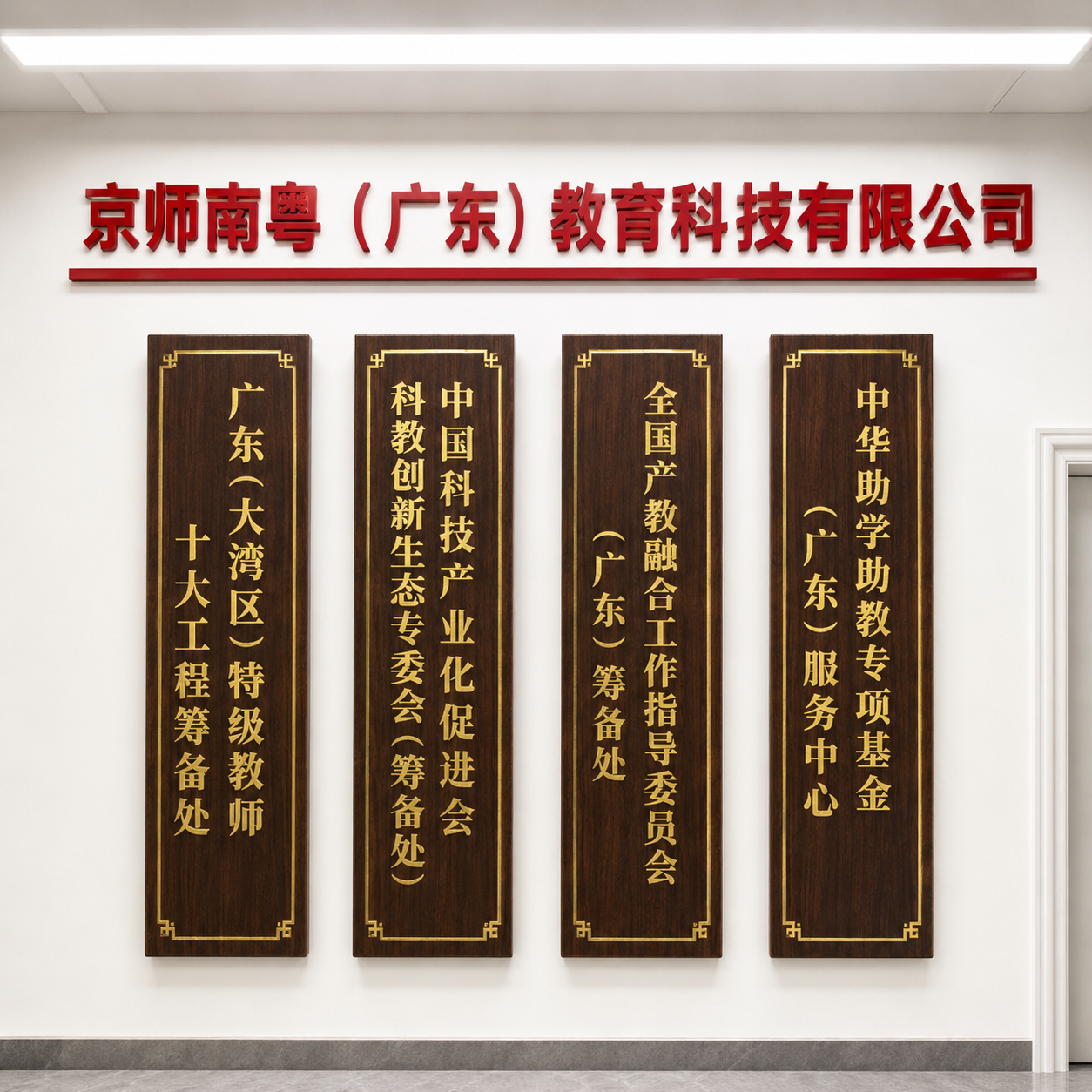 最上面红色一行改成京师南粤(广东)教育科技有限公司,下面竖的牌匾改成4个,分别是1、广东(大湾区)特级教师十大工程筹备处
2、中国科技产业化促进会科教创新生态专委会(筹备处)
3、全国产教融合工作指导委员会(广东)筹备处
4、中华助学助教专项基金(广东)服务中心 右边方形牌匾去掉,牌匾采用深胡桃木材质 + 烫金工艺。做成正视角效果图,画面明亮。