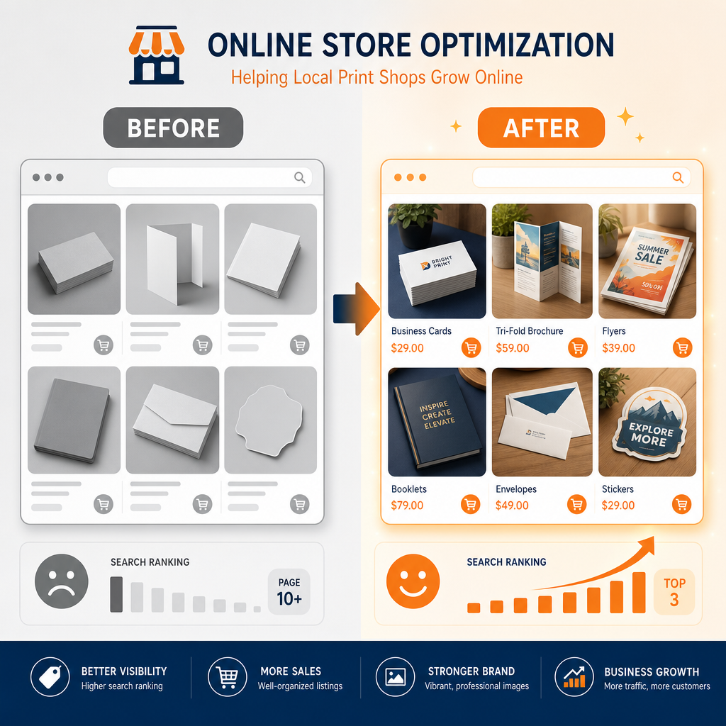 A before-after comparison graphic for a local print shop's online store optimization. Left side labeled "Before": dull grey product photos, empty listings, low search ranking with a sad face icon. Right side labeled "After": vibrant scene-style product photos, well-organized packages with pricing, rising search ranking with an upward arrow. Clean modern flat design, warm orange and deep blue color scheme, subtle glow effect on the "After" side, minimalist layout with icon-style illustrations, no text clutter, 1080x1080 square format for WeChat Moments
