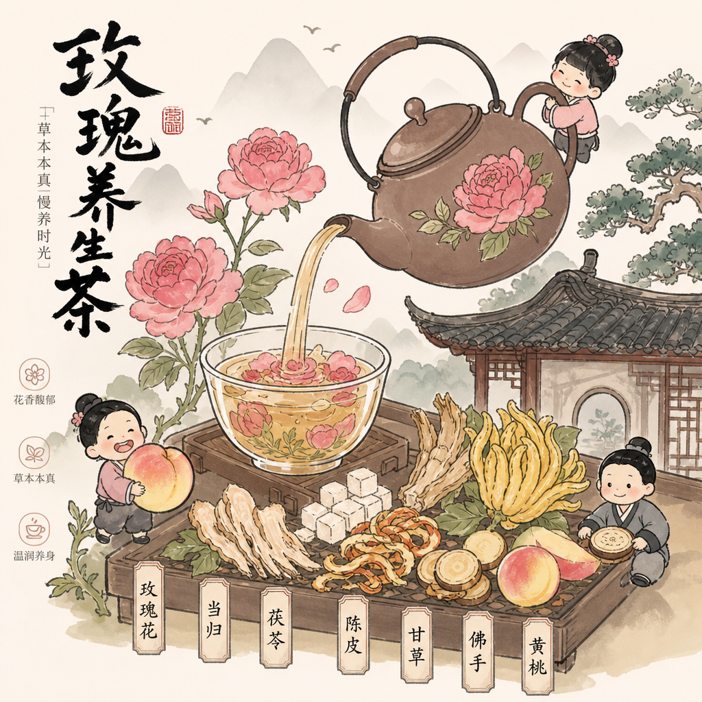 重新设计一张同风格的插画,给养生茶设计一款包装插画,元素有玫瑰花(主要元素),(佛手,当归,茯苓,陈皮,甘草,黄桃)可根据画面选择元素。设计一个新中式的国风场景,参考图一的创意,参考图2和图3的插画风格,粗线条水墨勾勒