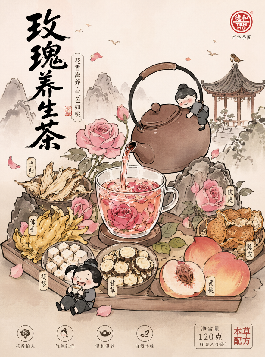 重新设计一张同风格的插画,给养生茶设计一款包装插画,元素有玫瑰花(主要元素),(佛手,当归,茯苓,陈皮,甘草,黄桃)可根据画面选择元素。设计一个新中式的国风场景,参考图一的创意,参考图2和图3的插画风格,粗线条水墨勾勒