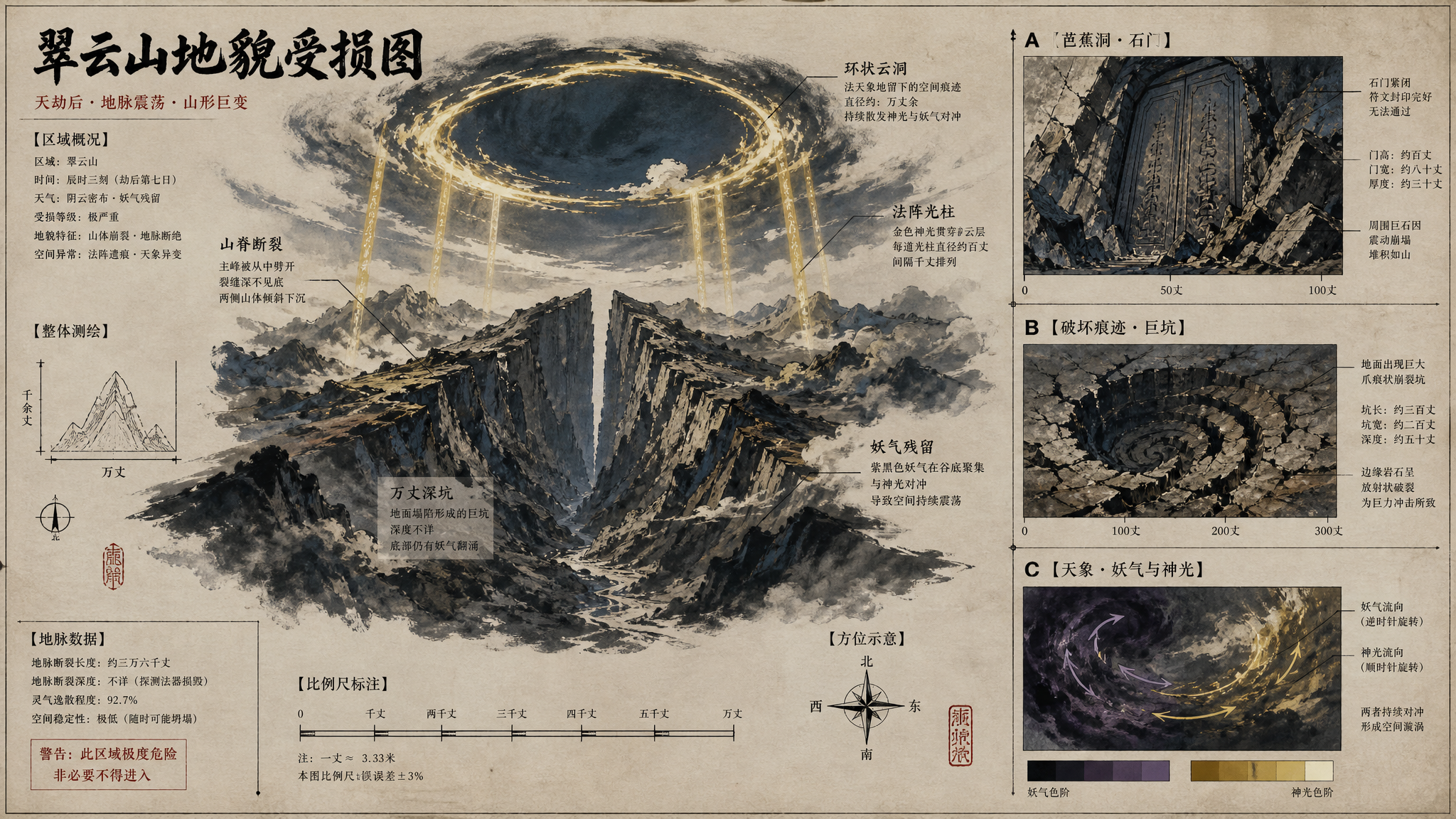 参考雾山五行风格,国风水墨动画场景设定集排版。严禁出现任何人物、妖怪或动物,画面仅包含风景与环境。
【页面布局】: 这是一个专业的电影场景设计看板(Concept Art Sheet)。背景是带纹理的古朴宣纸或冷灰色工业设计纸张。画面由一个大型主视图和三个小型细节分解图组成,所有图像周围布满了大量的文字标注、引示线、技术参数、尺寸标注图和中文字符标题。
【视觉内容(无生物)】:
主视图(全景): 描绘斗法后的翠云山。画面中心是一个巨大的“万丈深坑”和被劈开的山脊,岩石断面呈现焦墨色。天空中一个巨大的环状云洞(法天象地留下的空间痕迹),四周垂下巨大的金色法阵光柱。
局部图A(芭蕉洞): 紧闭的巨大石门细节图,石门上刻满符文,周围是因震动而崩塌的巨型碎石,带有比例尺标注。
局部图B(破坏痕迹): 放大展示地面上巨大的、类似象足或虎爪形状的崩裂深坑(暗示曾有巨兽,但此时已空无一物),带有箭头和受力分析线。
局部图C(天象): 妖气与神光的冷暖色调对比色板,云层流向的示意图。
【文字标注元素】: 画面中包含粗犷的书法标题(如“翠云山地貌受损图”),以及密集的宋体或仿宋体小字注释,这些文字通过细长的引示线指向山体裂缝、洞口和天空。包含比例尺标注(如:千余丈、万丈)。
【风格色彩】: 焦墨重彩,高对比度。朱砂红、矿物青、玄铁黑、冷金色的色彩组合。粗犷的手绘线条感,泼墨质感。8k分辨率,工业设计感,史诗级画风。