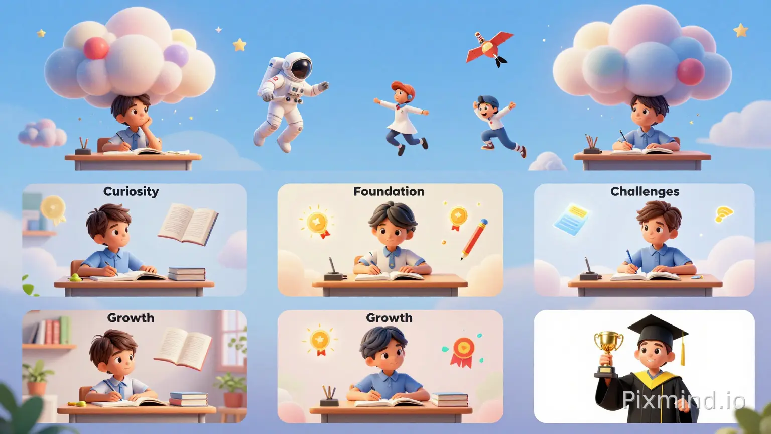 "A young child sits at a study desk, dreaming about the future. Colorful imagination clouds appear above the child's head, showing dreams of becoming an astronaut, scientist, artist, pilot, doctor, and athlete. The camera slowly zooms into the dream cloud. The dreamy illustrations begin to transform into a structured educational journey. The screen smoothly morphs into six sequential stages: Curiosity, Foundation, Discipline, Challenges, Growth, and Achievement. Each stage appears with cinematic motion graphics, soft glowing transitions, floating educational elements, books, pencils, and achievement icons. The child gradually grows older through each stage, showing learning, hard work, and progress. The final scene reveals a successful graduate holding a trophy, symbolizing achievement. Bright, inspiring atmosphere, premium educational brand style, smooth morphing animation, 3D storybook illustration, cinematic camera movement, ultra-detailed, professional educational advertisement, 16:9 aspect ratio."