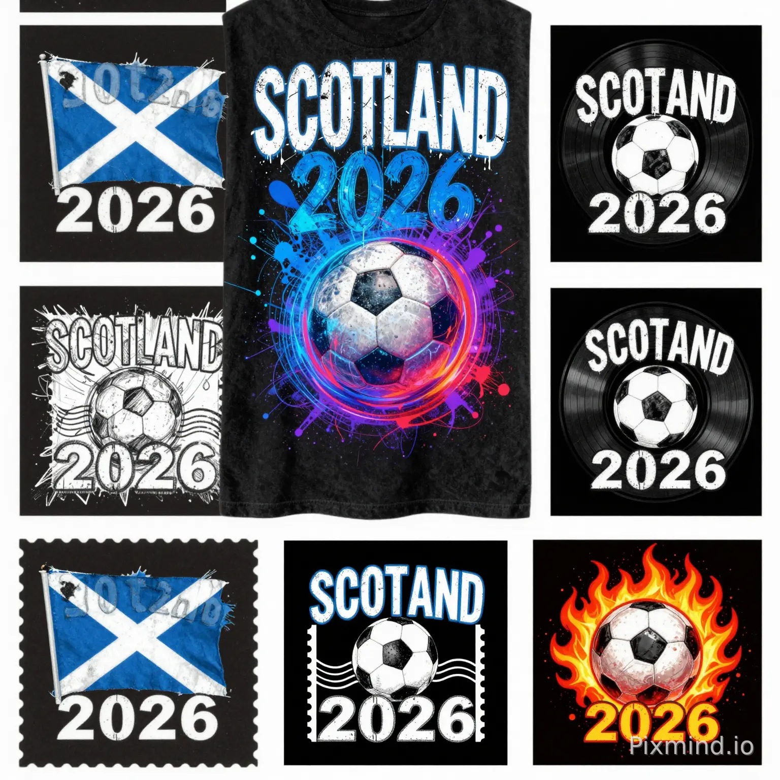 款式 1【复古做旧磨损款】
纯黑底 T 恤印花,保留 SCOTLAND 字体、笔刷苏格兰十字旗、2026 数字与中间足球;字体做裂纹泛黄磨损质感,旗帜边缘做磨白破边,足球做复古颗粒旧化效果,90 年代古着水洗印花。
款式 2【街头泼墨涂鸦款】
黑底,SCOTLAND 字体做不规则涂鸦变形,苏格兰旗帜蓝墨向外飞溅泼墨,2026 笔画带喷溅斑点,足球填充撞色涂鸦纹理,美式街头潮牌印花。
款式 3【圆形徽章布标款】
黑底,整体为圆形锯齿边徽章造型,徽章内排布 SCOTLAND 在上、十字旗居中、2026 + 足球在下,字体做仿皮烫蓝效果,补丁贴布印花样式。
款式 4【黑白素描线稿款】
哑光黑底,全元素改用白色手绘速写线条,旗帜、字母、足球全为素描排线,局部浅蓝淡淡晕染,极简素描风小众印花。
款式 5【霓虹赛博光效款】
纯黑底色,SCOTLAND 和 2026 带蓝白霓虹发光描边,苏格兰旗是渐变蓝光笔刷,足球缠绕红紫赛博光纹,科技感足球主题印花。
款式 6【黑胶唱片环绕款】
黑底,外圈环绕黑胶唱片纹路,圆心放置十字旗 + 足球,SCOTLAND 沿唱片上圆弧排布,2026 在唱片底部,复古足球周边印花。
款式 7【英伦邮票边框款】
黑底做老式英国邮票锯齿外框,框内主体为十字旗 + 足球,SCOTLAND 改成邮戳刻印字体,2026 做邮戳印记,纪念邮票风格印花。
款式 8【火焰摇滚特效款】
黑底,足球外围环绕红蓝渐变火焰,SCOTLAND 与 2026 字体带火焰描边,旗帜边角融入火苗纹路,硬核足球摇滚印花。
款式 9【盾牌队徽版式】
黑底,外轮廓是欧式体育盾牌边框,盾牌内部上侧 SCOTLAND,中间十字旗,下方 2026 与足球,复古国家队队标印花。
款式 10【云雾氛围感款】
深黑底色,蓝白色薄雾笼罩旗帜与足球边缘,字体做哑光磨砂蓝,低饱和雾面肌理,暗黑氛围感复古印花。