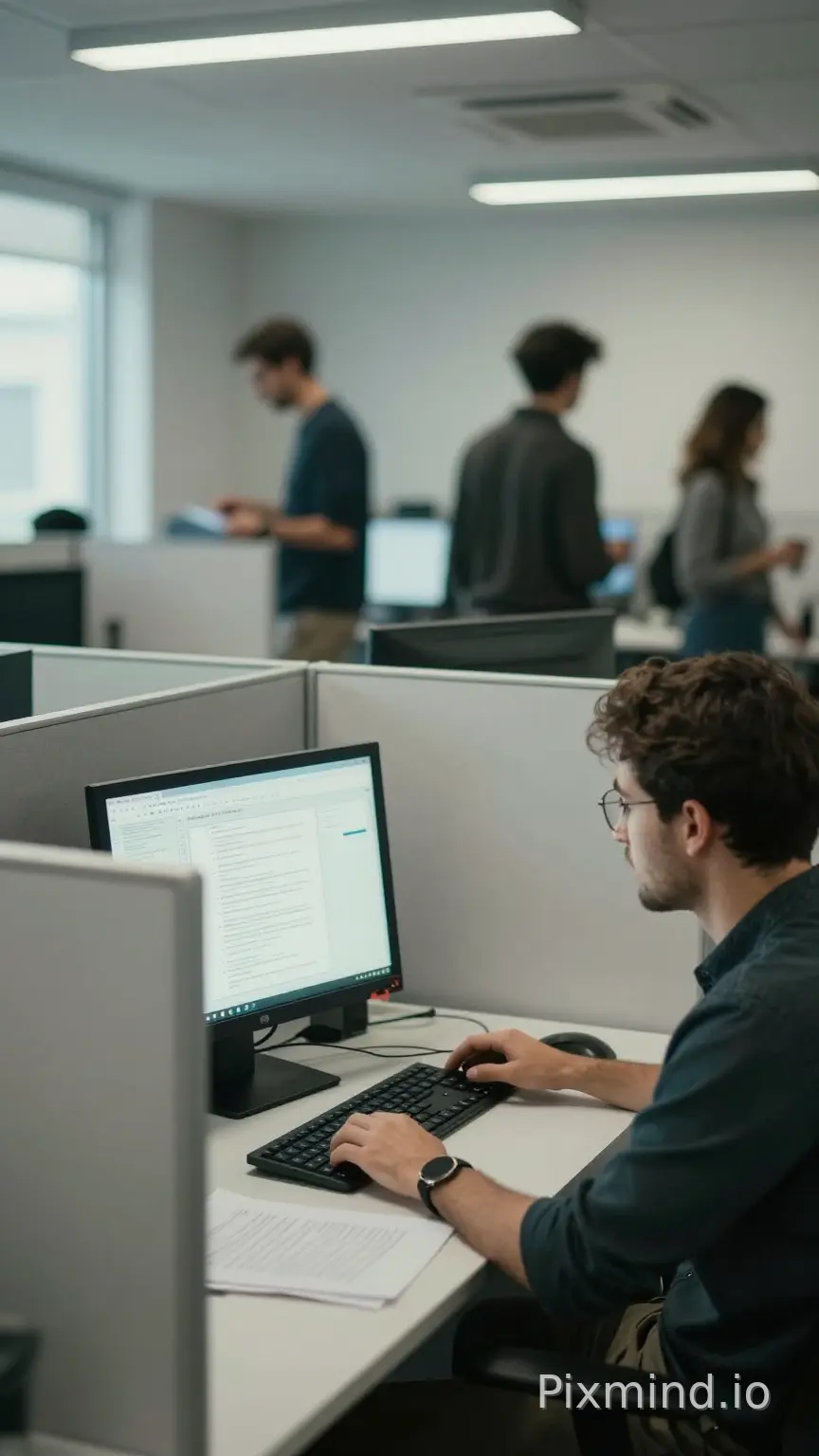 Modern open-plan office, white cubicle dividers, computer screen glowing with documents scattered on desk, blurred colleagues walking in background, fluorescent lighting mixed with natural window light, shallow depth of field focusing on foreground interaction, cinematic color grading with cool gray tones, slight film grain, 4K, photorealistic