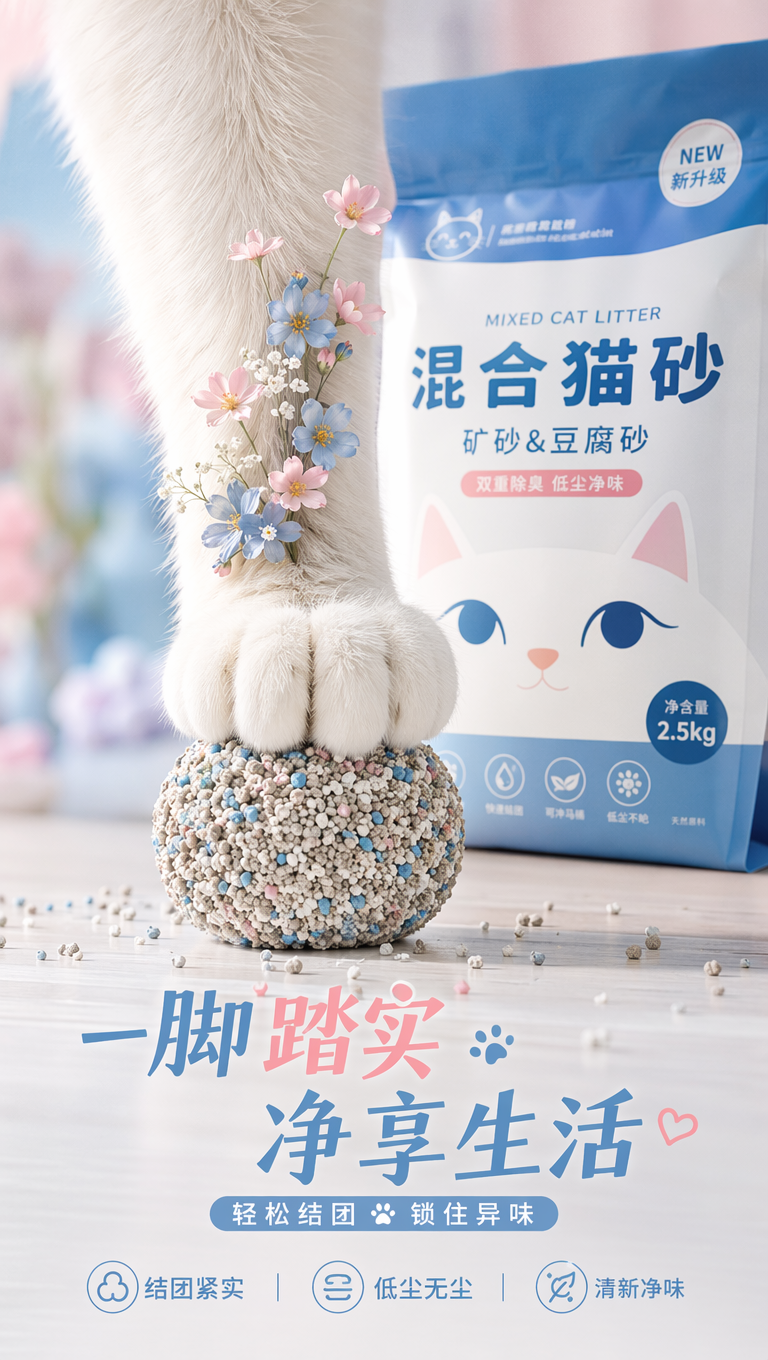电商海报,商业级,猫砂海报,前景是站立在地板上猫脚特写,猫脚踩着一个猫砂球,猫的脚背趾缝上插着几朵小花,后面有一袋蓝白配色的猫砂清晰可见,9:16,景深模糊,柔和明亮,整体色调是粉蓝配色